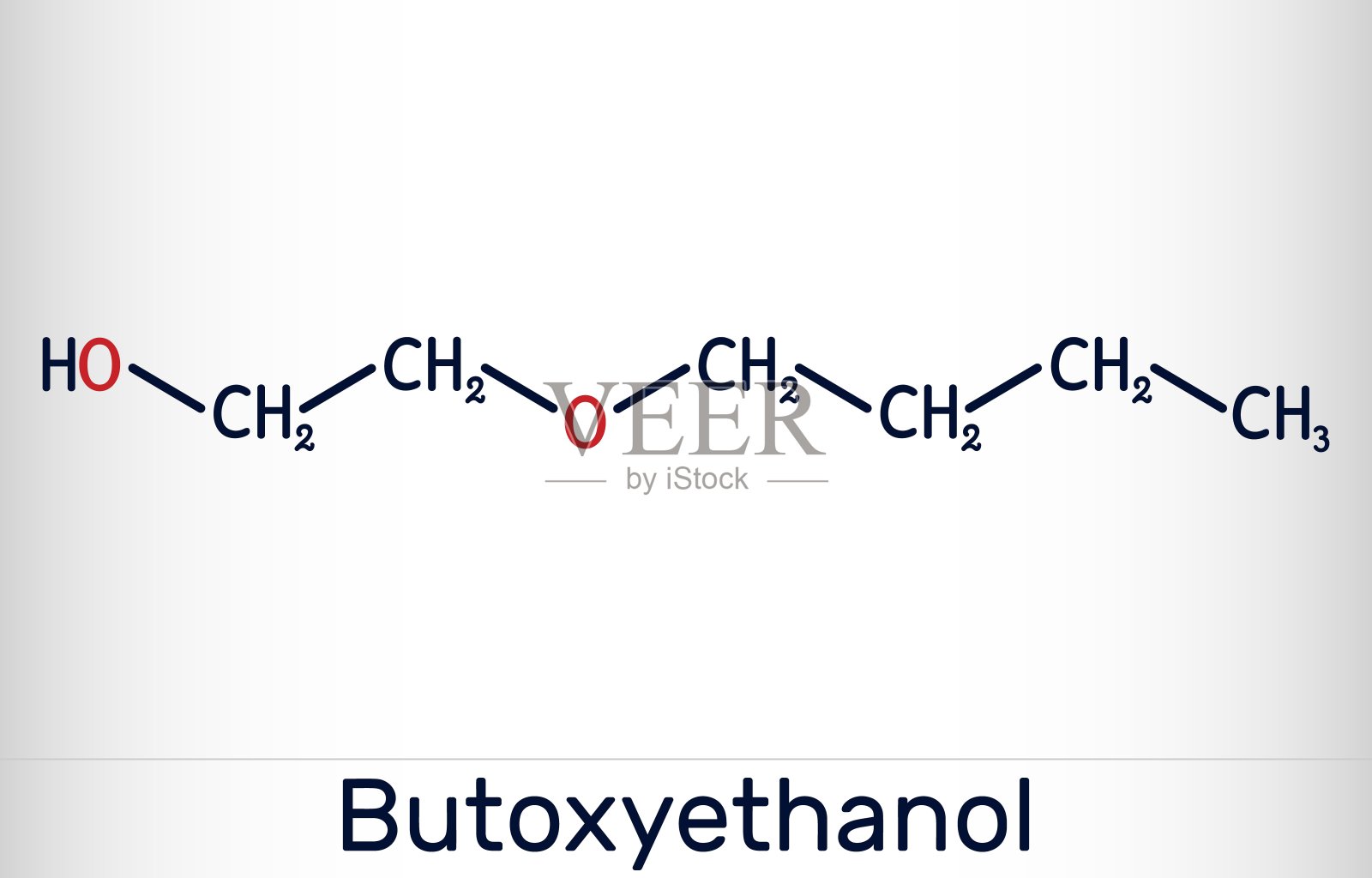 2-Butoxyethanol, butoxyethanol分子。它是伯醇和乙醚。用作溶剂,用于制造油漆和清漆。骨骼的化学公式插画图片素材