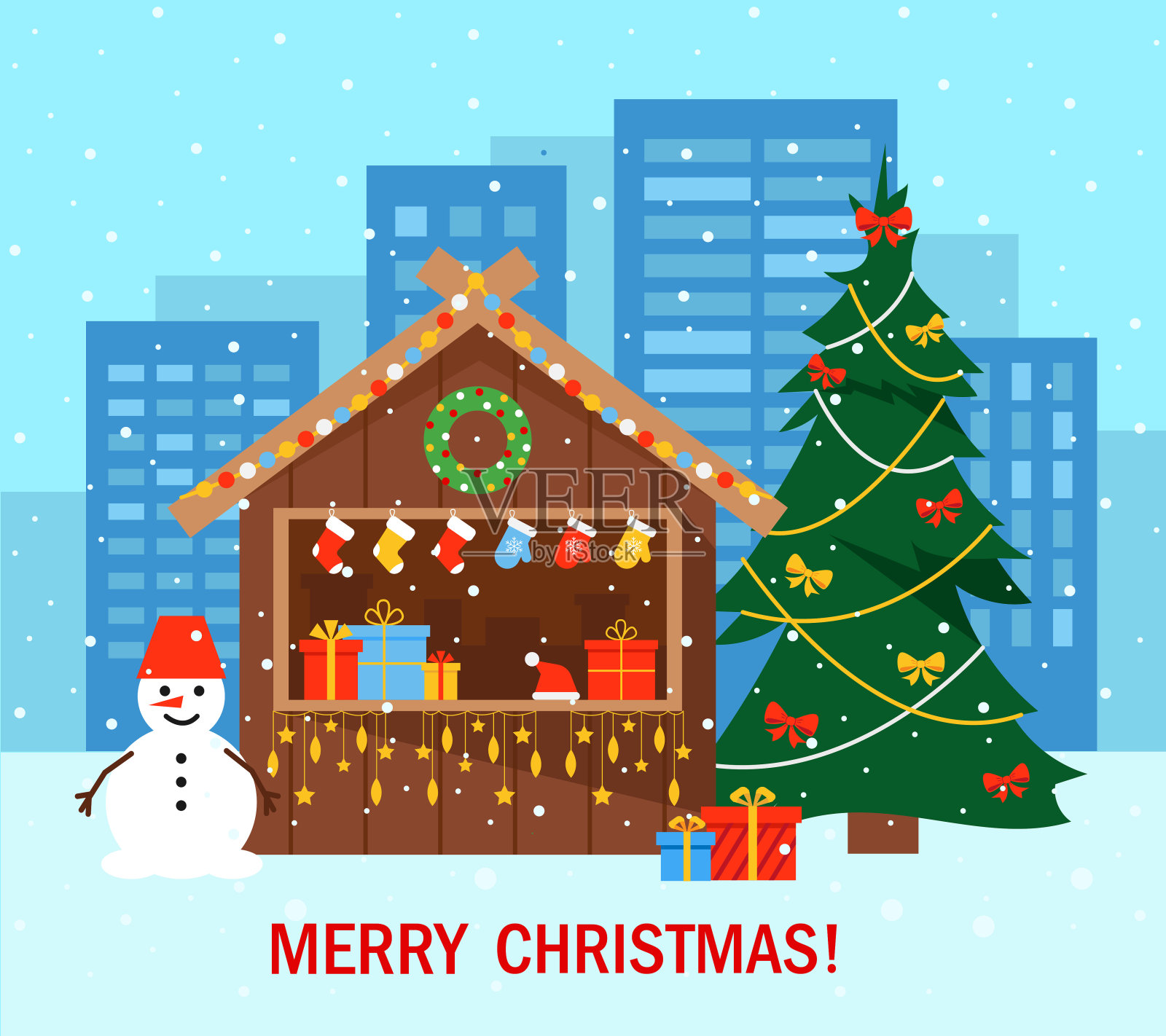 市区的圣诞树和市场摊位或木制售货亭。插画图片素材