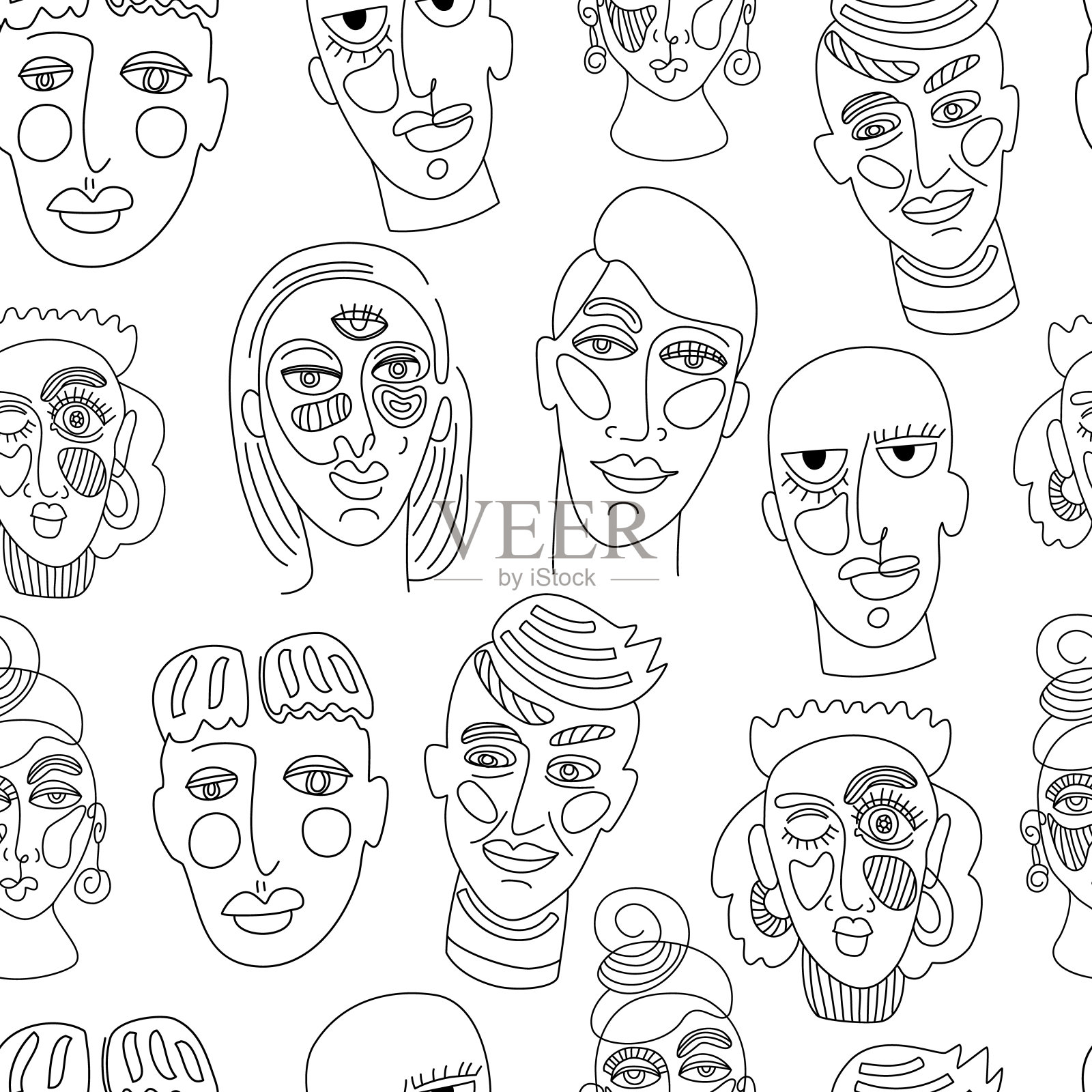 现代抽象的脸。当代女性男人女人肖像。手绘轮廓时尚插图。连续的线条,极简的概念。无缝模式。插画图片素材