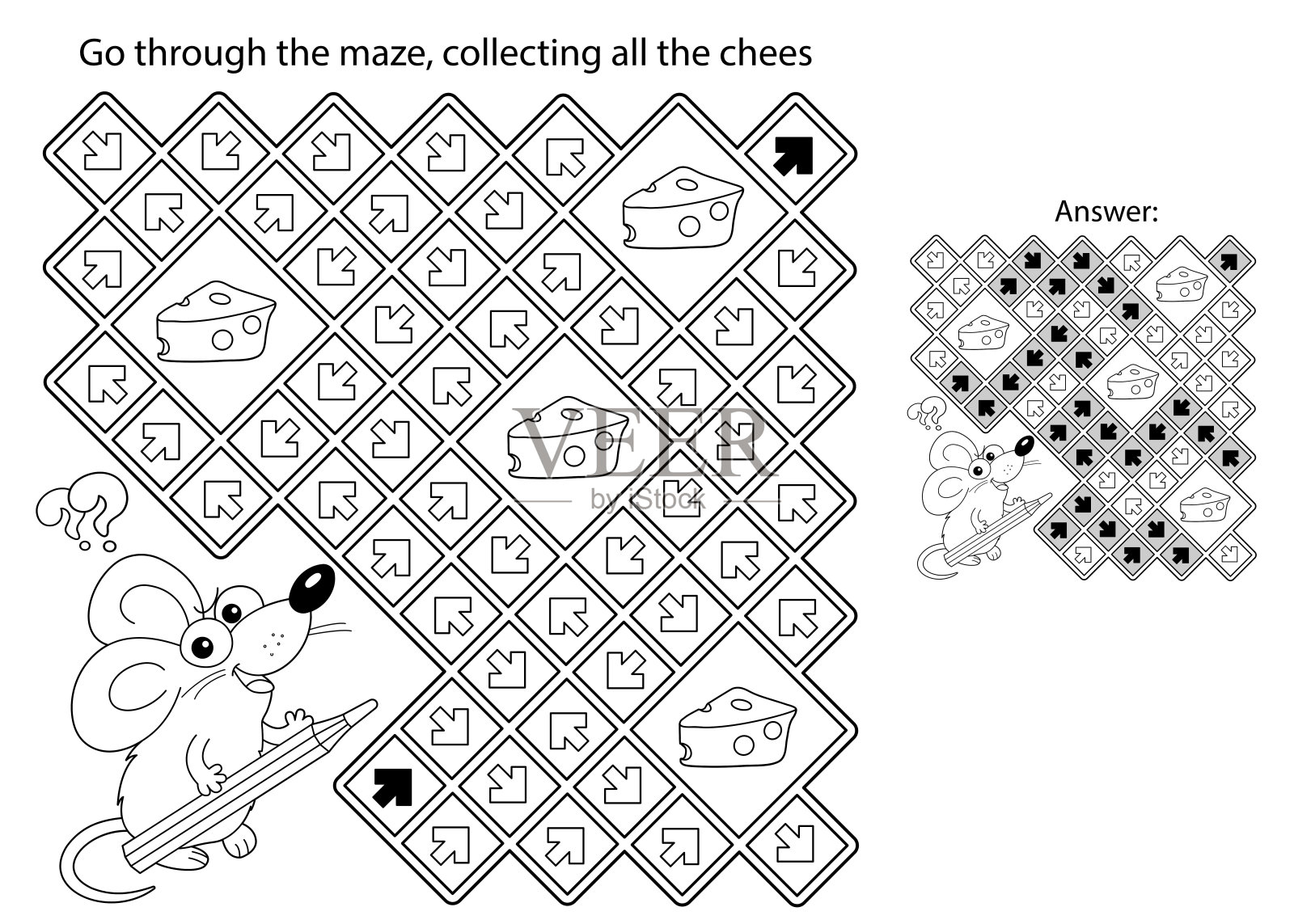 迷宫或迷宫游戏。谜题。用铅笔涂色漫画有趣的页面轮廓鼠标。收集所有奶酪。儿童涂色本。插画图片素材