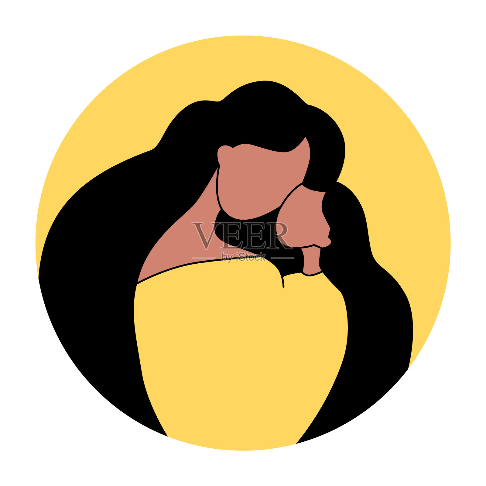 妈妈和女儿。黄色背景上幸福家庭的剪影。程式化的平面矢量插图。插画图片素材