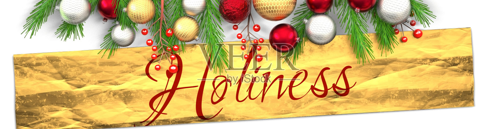 圣洁和白色圣诞卡与浅色的背景,金色的礼物包装纸,圣诞装饰品和花哨和优雅的词圣洁,3d插图照片摄影图片