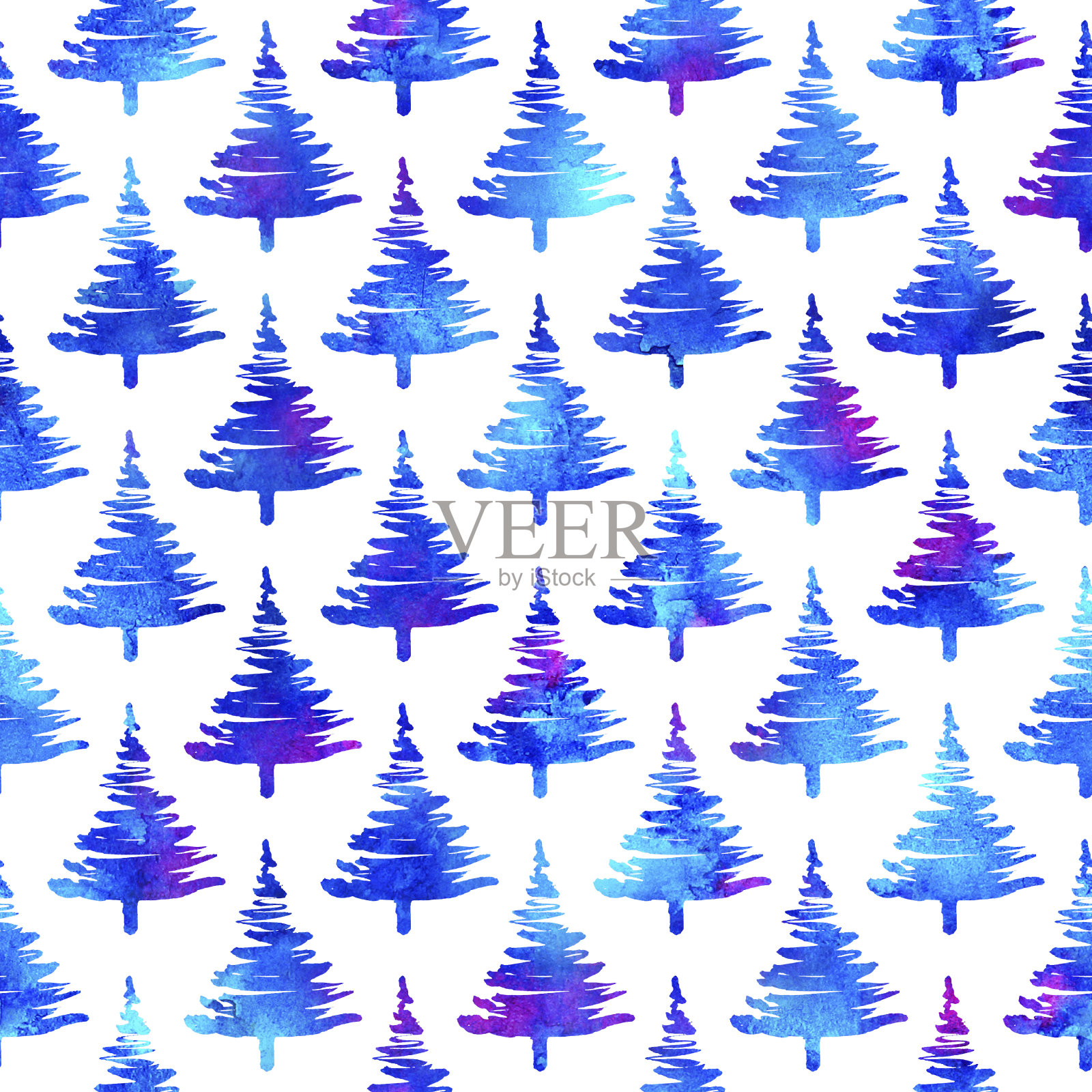 圣诞节水彩画冷杉树无缝模式在蓝色的白色背景。手绘水彩云杉松树墙纸装饰,包装或圣诞节装饰插画图片素材