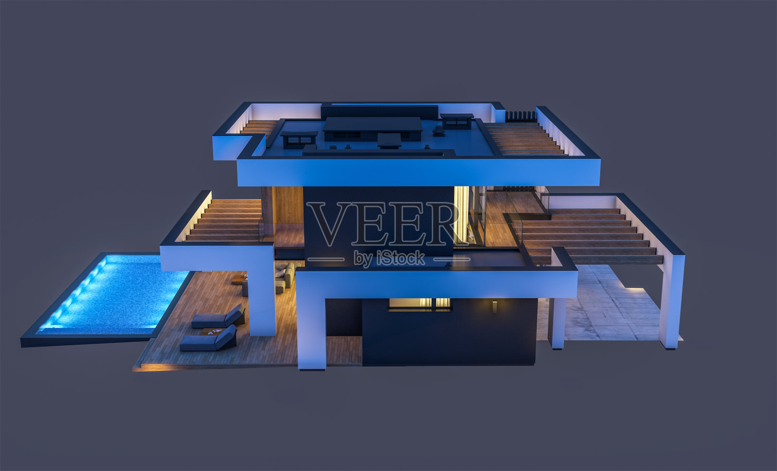 3d渲染的现代住宅豪华风格在夜间孤立在黑色照片摄影图片