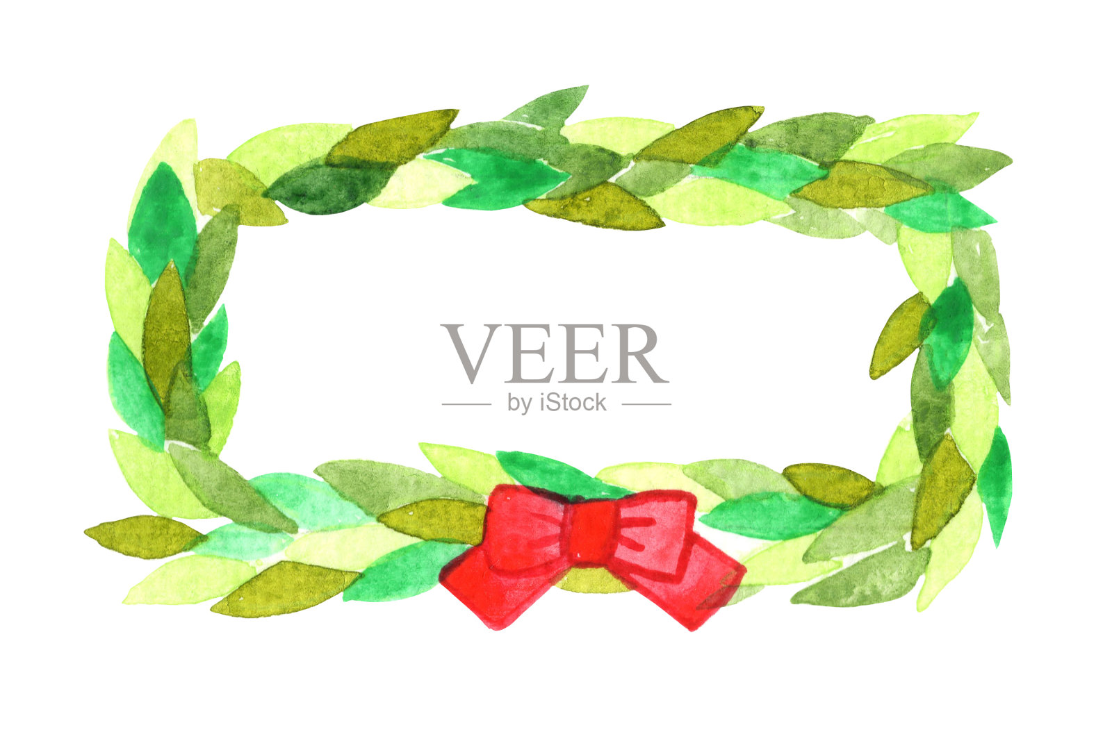 绿叶框架与红色蝴蝶结水彩装饰在圣诞节节日事件。插画图片素材