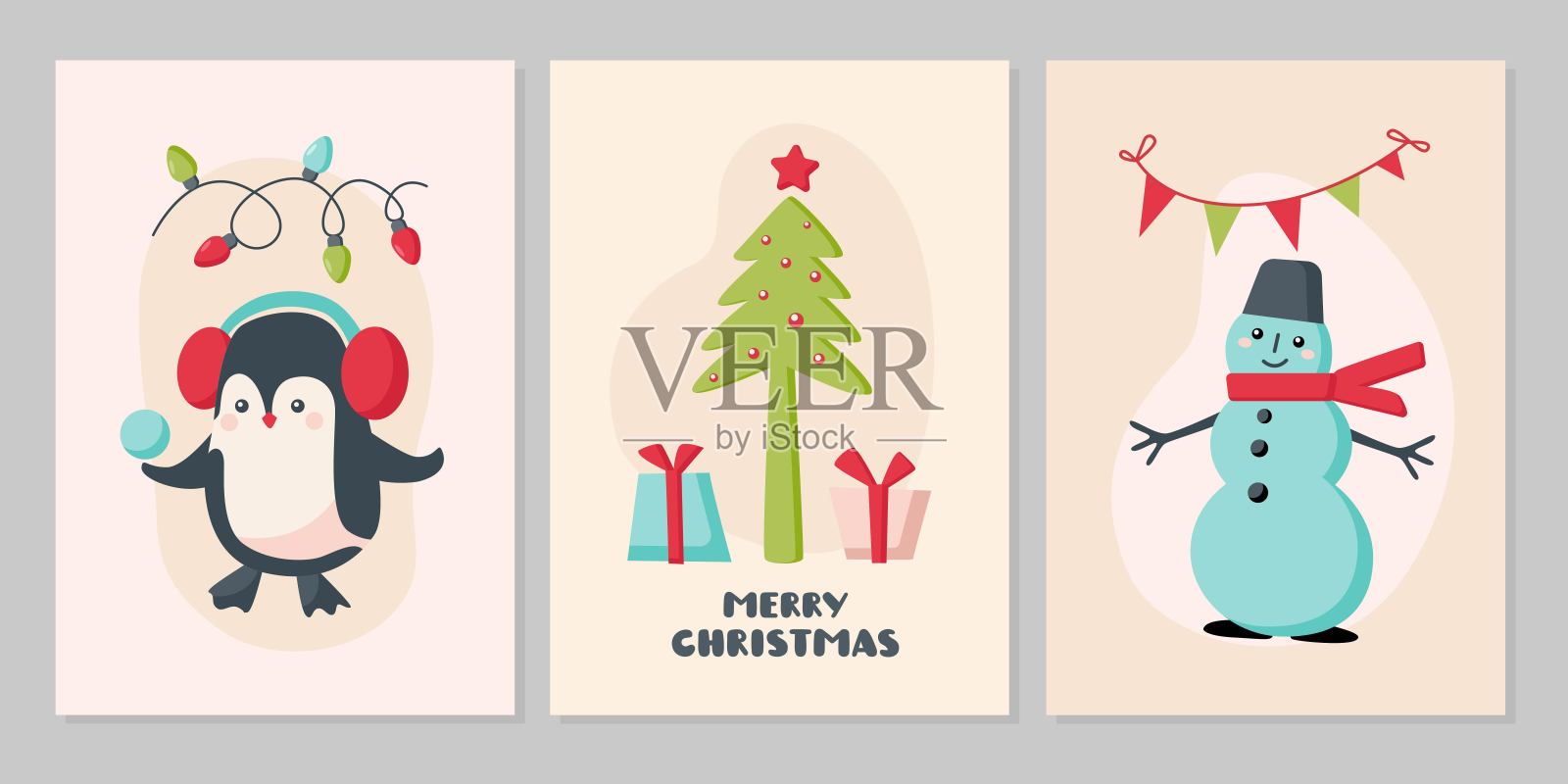 一套圣诞卡与可爱的动物。人物企鹅,雪人在米色的背景。设计模板素材