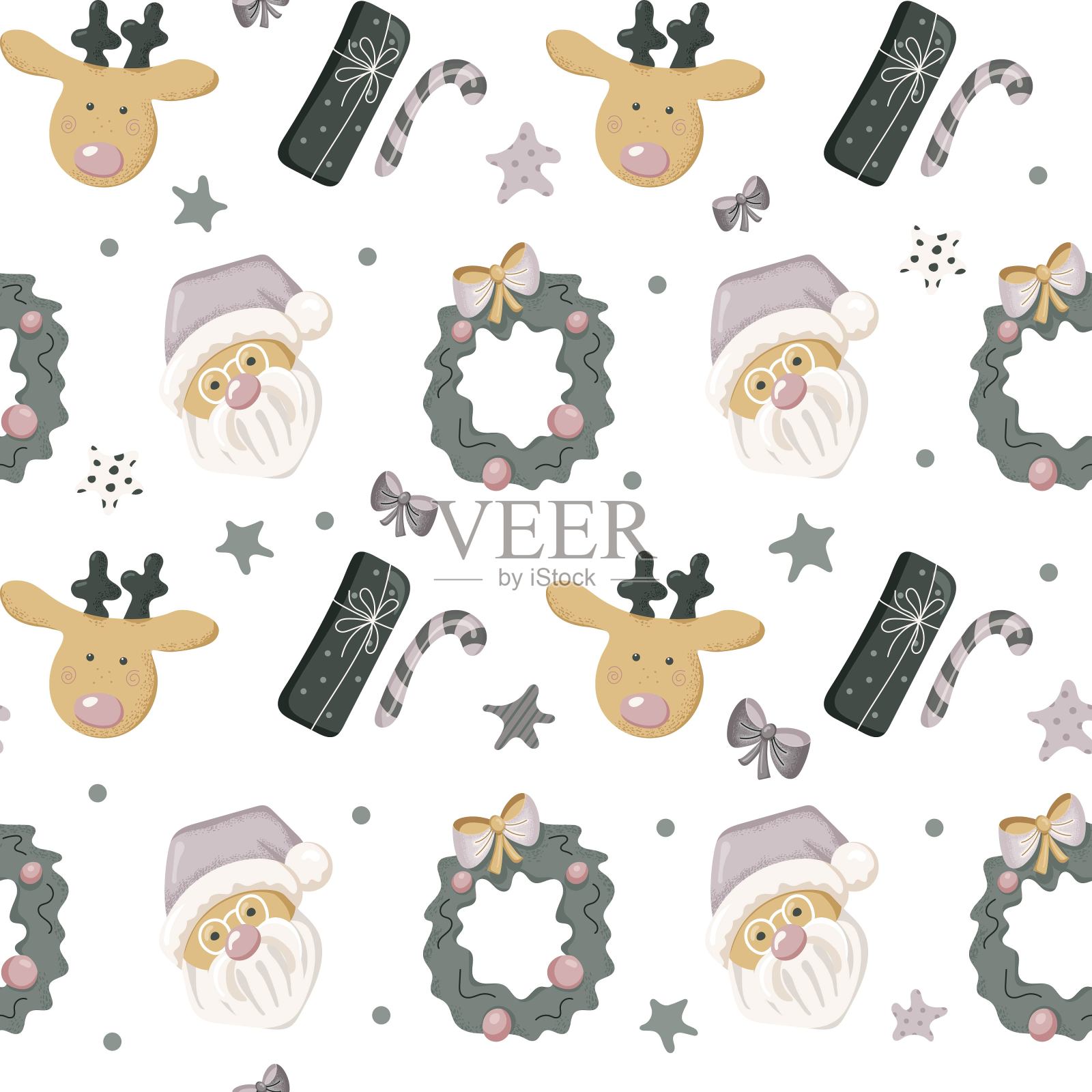 新年快乐无缝矢量图案。模式的圣诞物品。圣诞老人,鹿,礼物,糖果,圣诞花环。用于设计、包装纸和墙纸。矢量插图。手绘插画图片素材