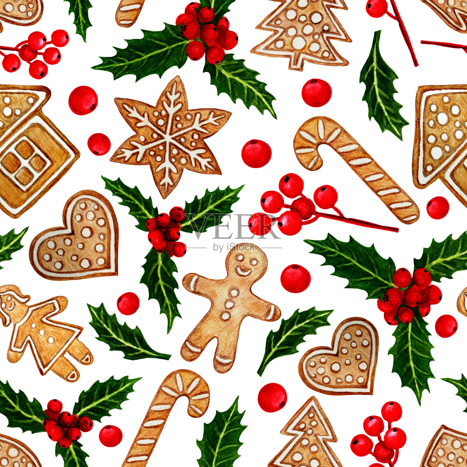 水彩画圣诞图案,红色浆果,圣诞饼干,白色背景。插画图片素材