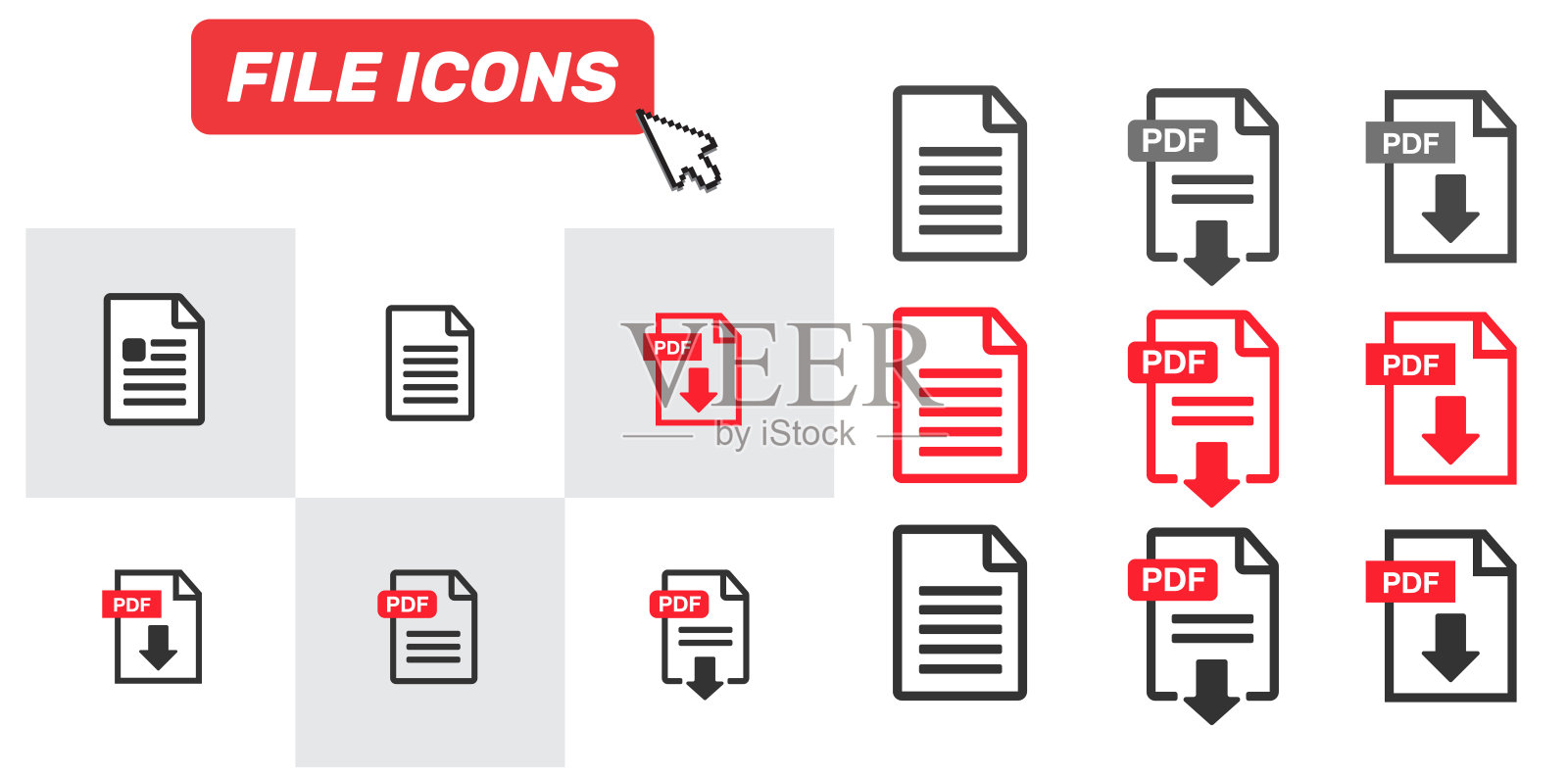 PDF文件下载图标。文档文本、符号网格式信息图标素材