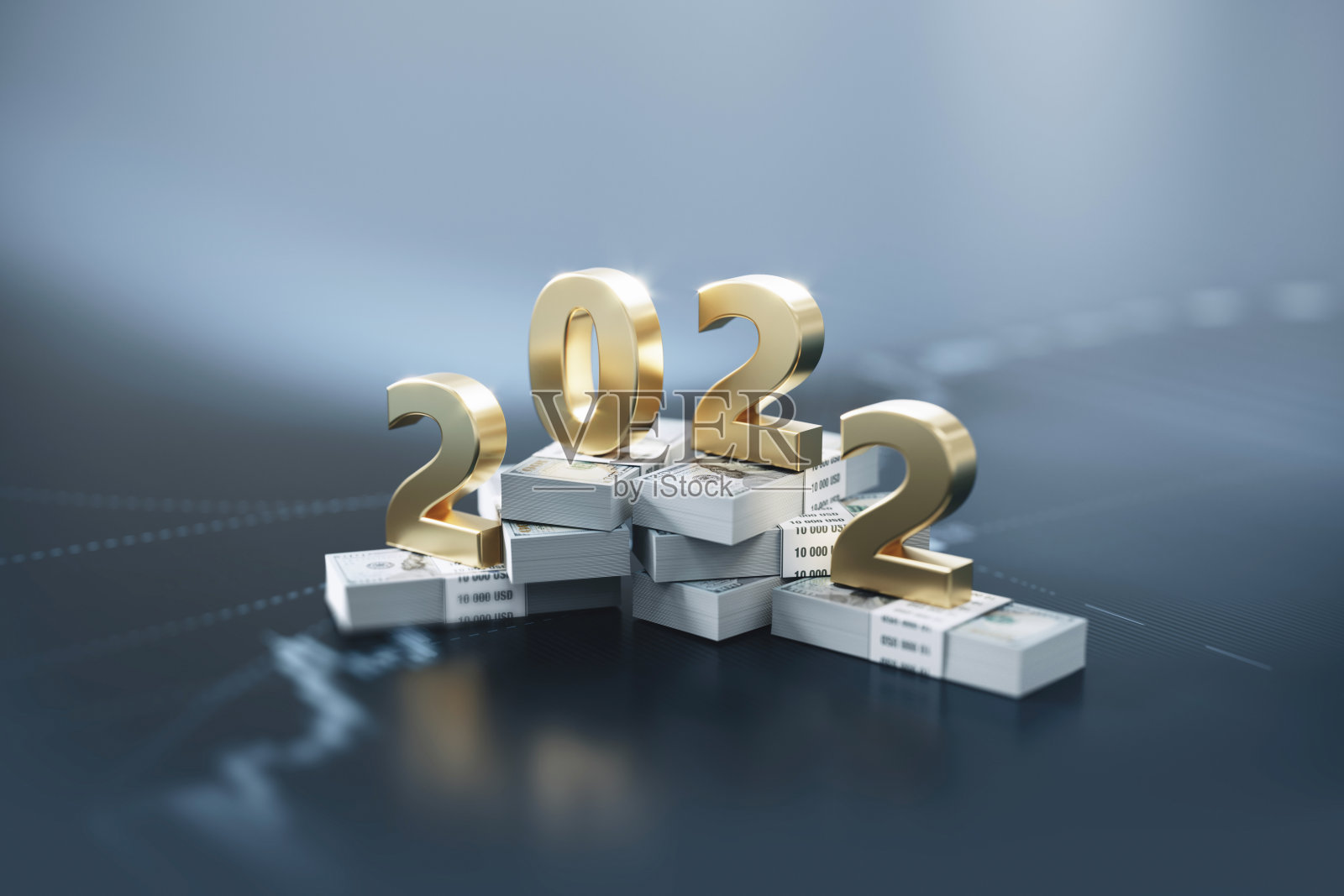 金色的2022年坐在美元堆叠在蓝色金融图表背景-股票市场和金融概念照片摄影图片