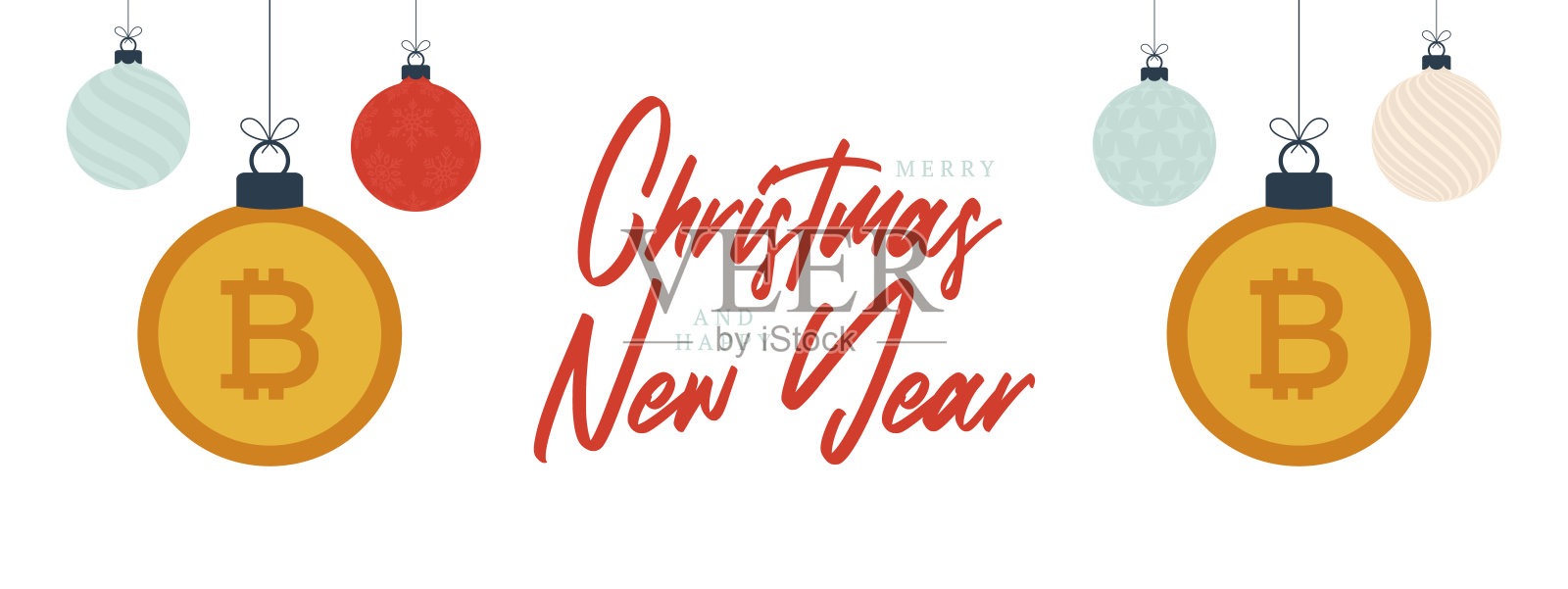 圣诞节比特币符号banner:比特币符号圣诞球贺卡,用于圣诞、金融、新年等插画图片素材