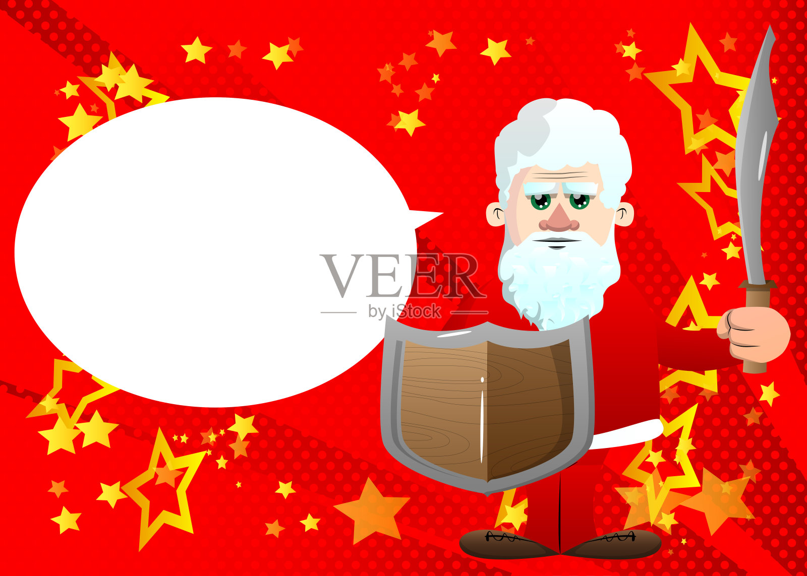 圣诞老人穿着红衣服,白胡子,手里拿着剑和盾牌。插画图片素材