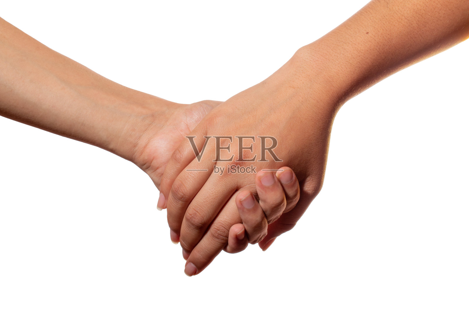 男人和女人手牵着手。浪漫牵手。孤立在白色背景上。照片摄影图片