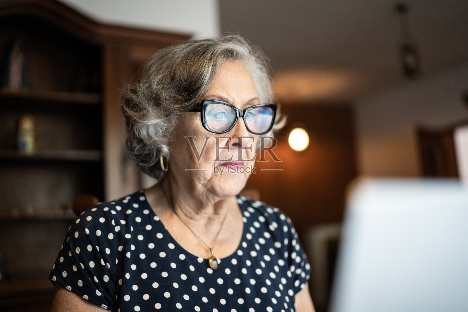 高级女性在家使用笔记本电脑照片摄影图片
