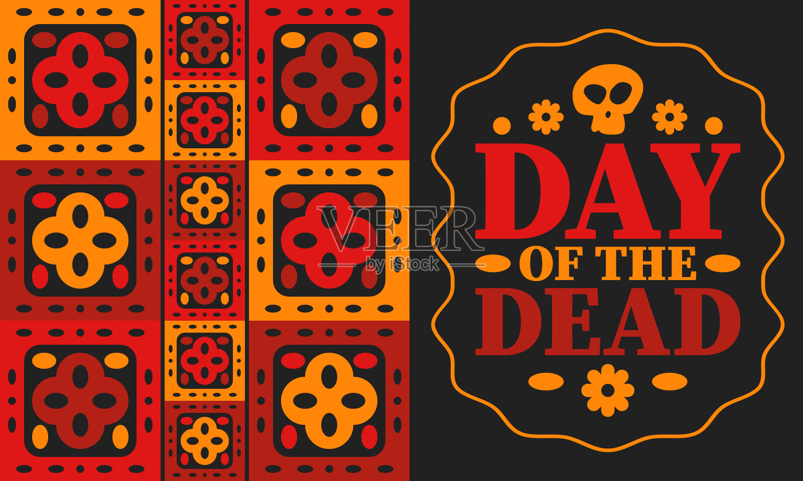 11月的亡灵节。祭日为纪念死者而设立的节日每年在墨西哥和其他拉丁美洲国家庆祝。墨西哥和西班牙传统图案和纹理与头骨。向量的海报插画图片素材