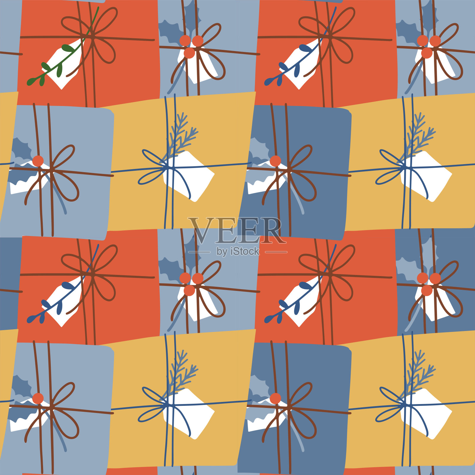 圣诞和新年快乐无缝图案装饰礼盒。创意背景墙纸,服装,包装。矢量平面手绘插图。插画图片素材