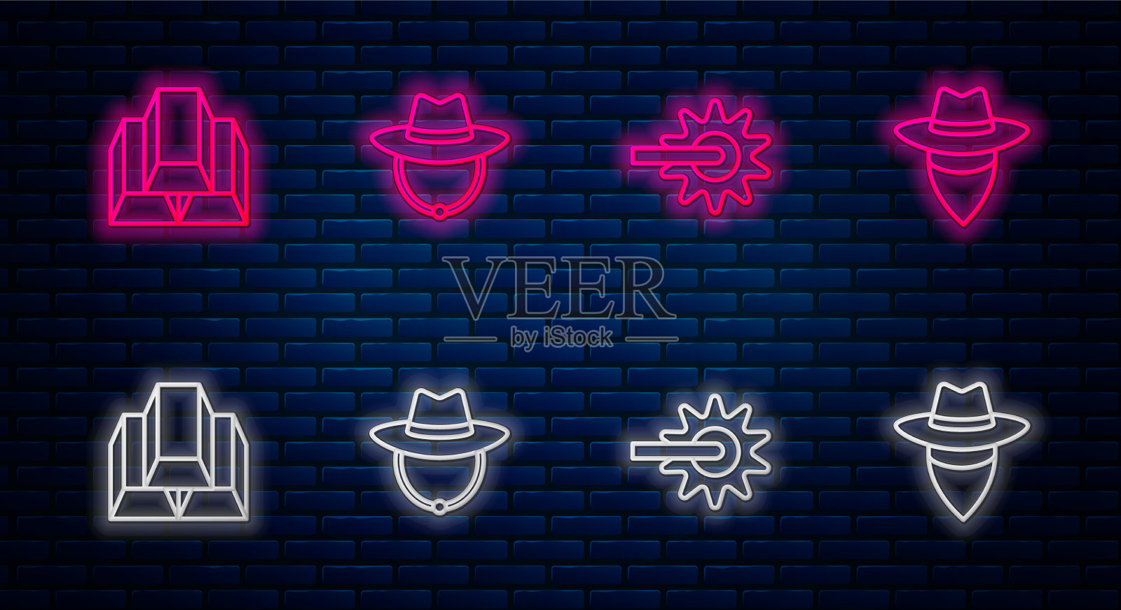 设置线西部牛仔帽马刺金条插画图片素材