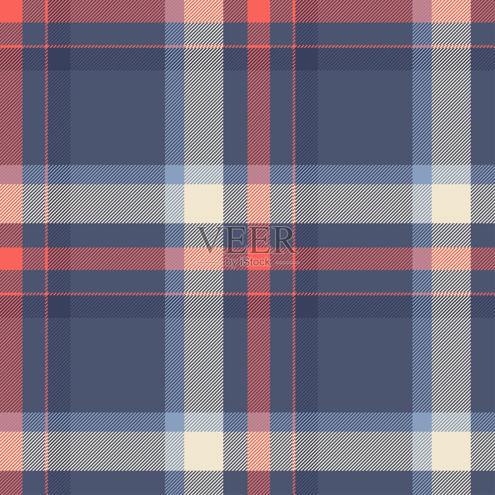 无缝格子图案在蓝色,靛蓝,红色和象牙。插画图片素材
