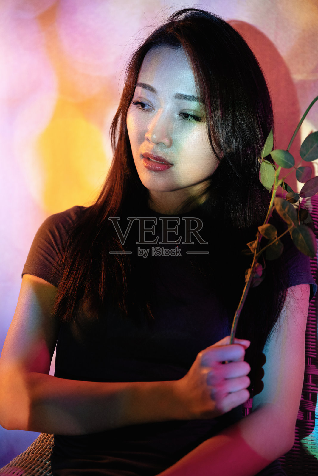 那个穿灰色衣服的漂亮女人手里拿着一朵玫瑰照片摄影图片