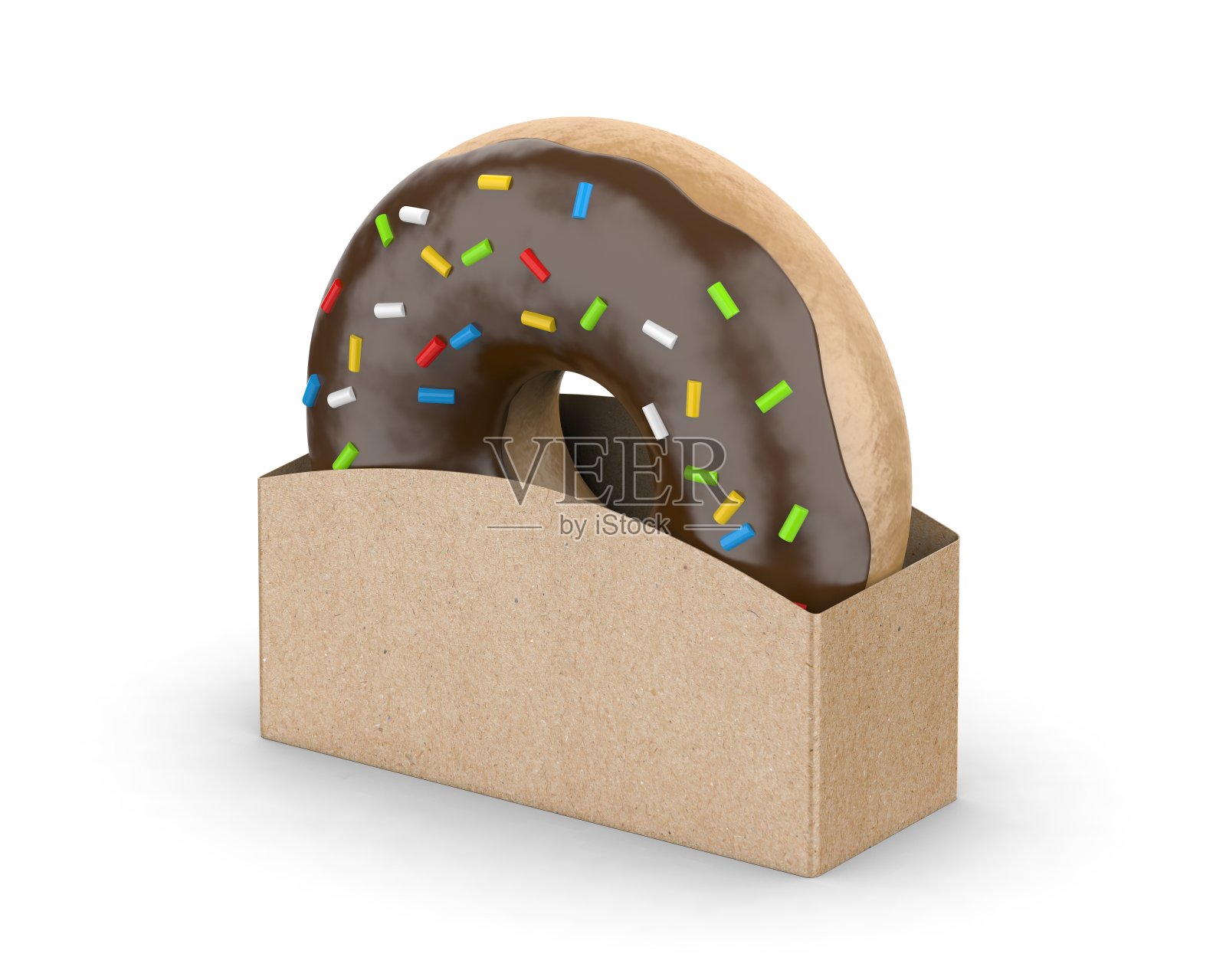 釉面甜甜圈牛皮纸持有人模拟,甜甜圈与工艺持有人包装孤立的白色背景,3d插图照片摄影图片