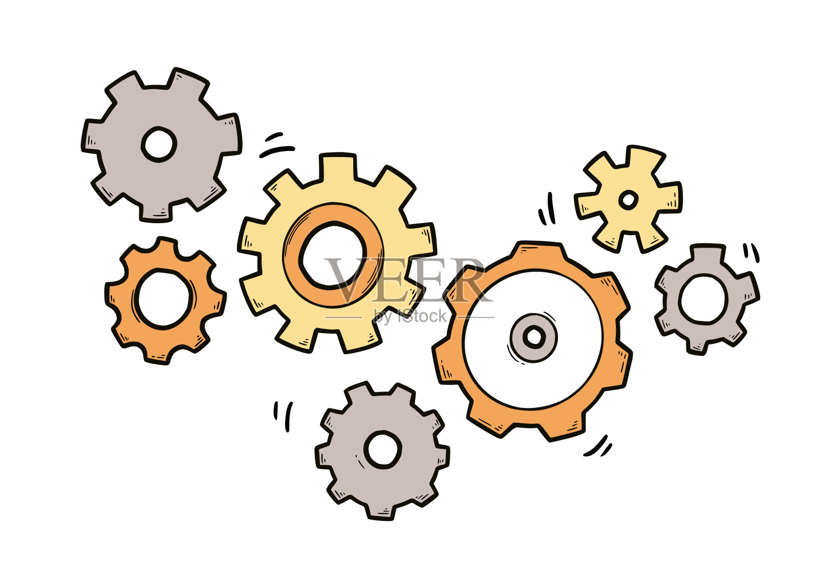 手绘齿轮组。涂鸦素描风格插画图片素材