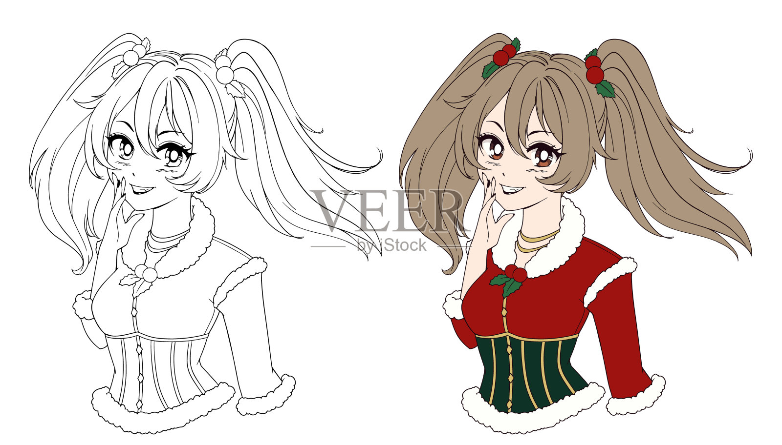 可爱的动漫女孩穿着圣诞服装。插画图片素材