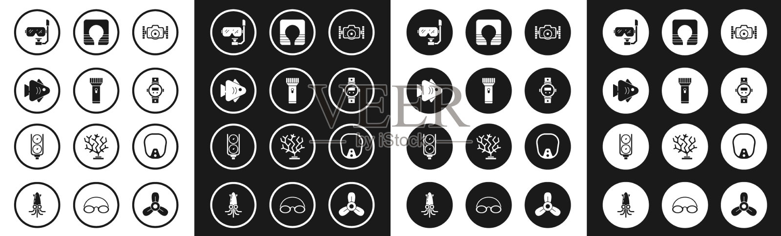 设置相机闪光灯鱼潜水面罩图标素材