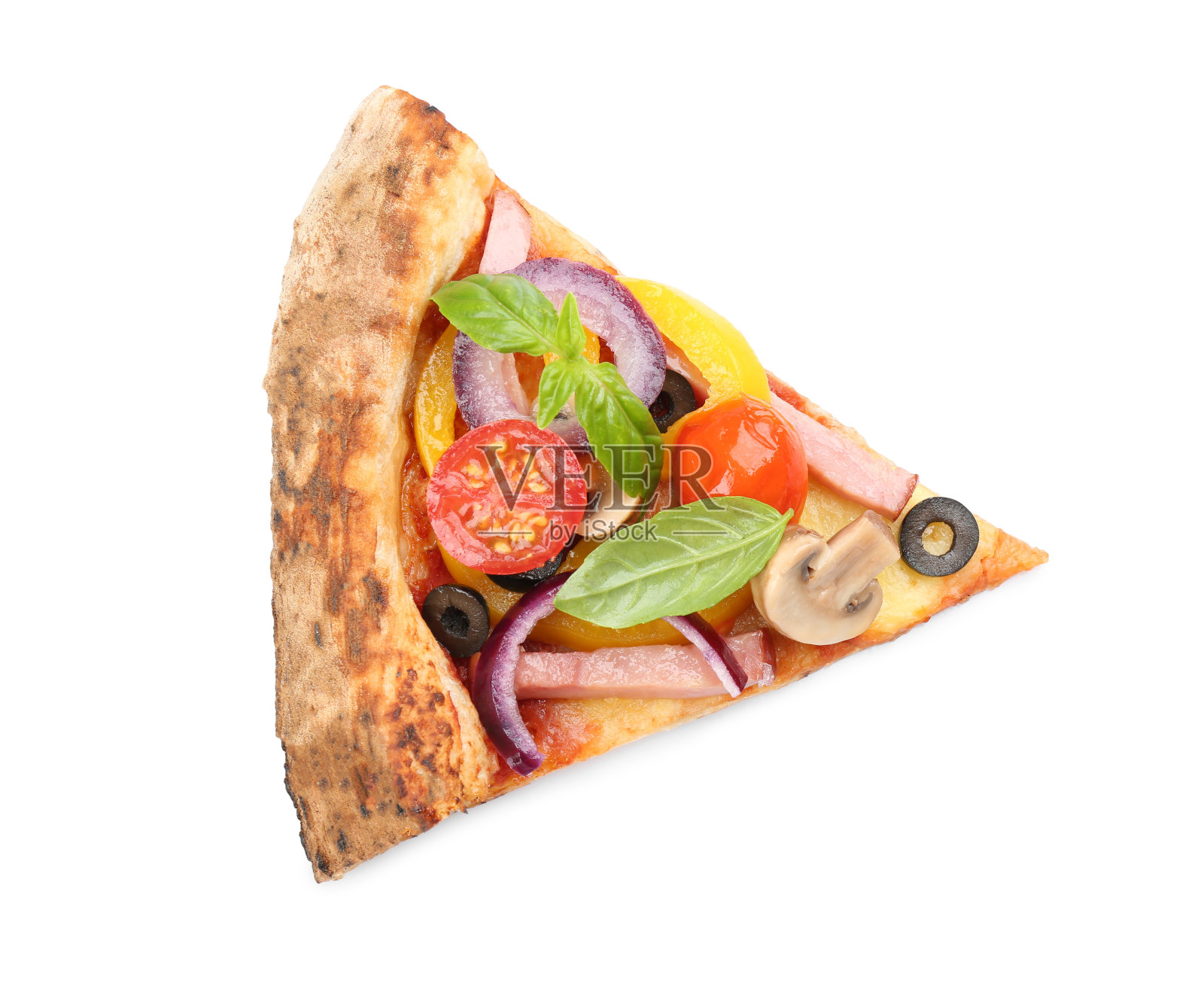 一片美味的披萨孤立在白色,俯视图照片摄影图片