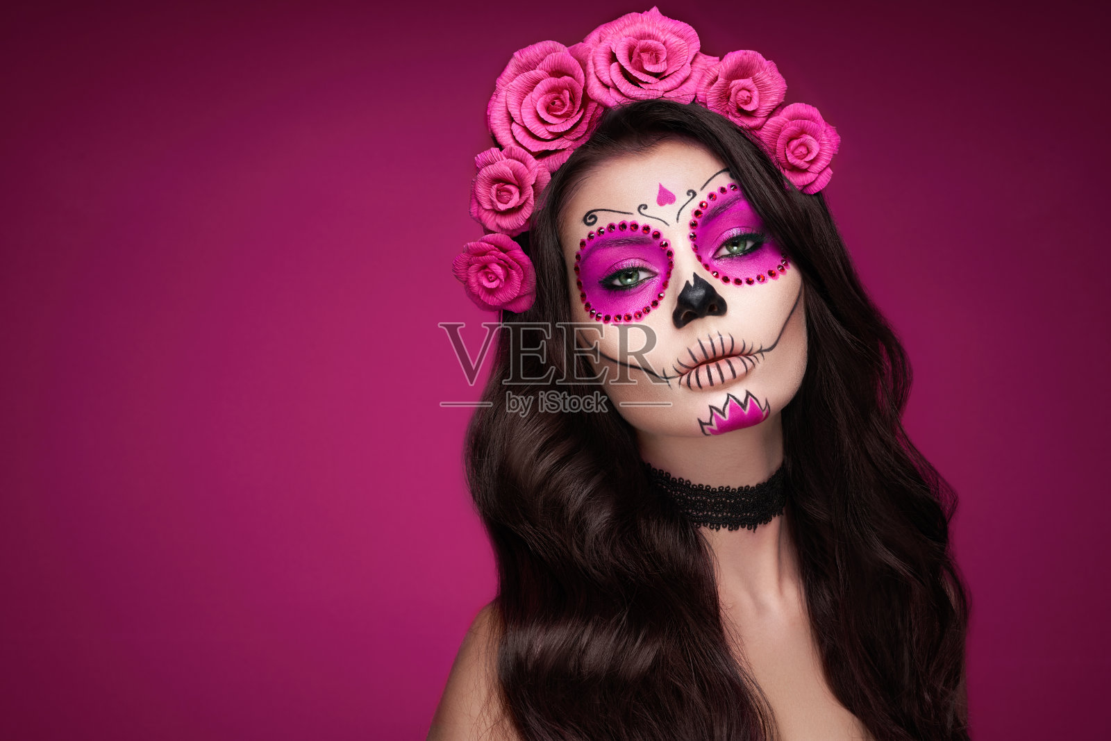 一个女人的肖像化妆糖头骨照片摄影图片