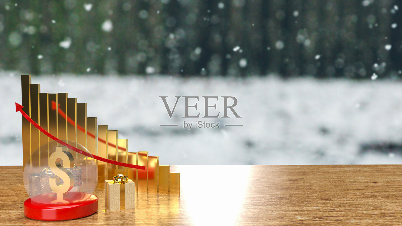 金元在圣诞节水晶球和礼品盒的商业或假日概念3d渲染照片摄影图片