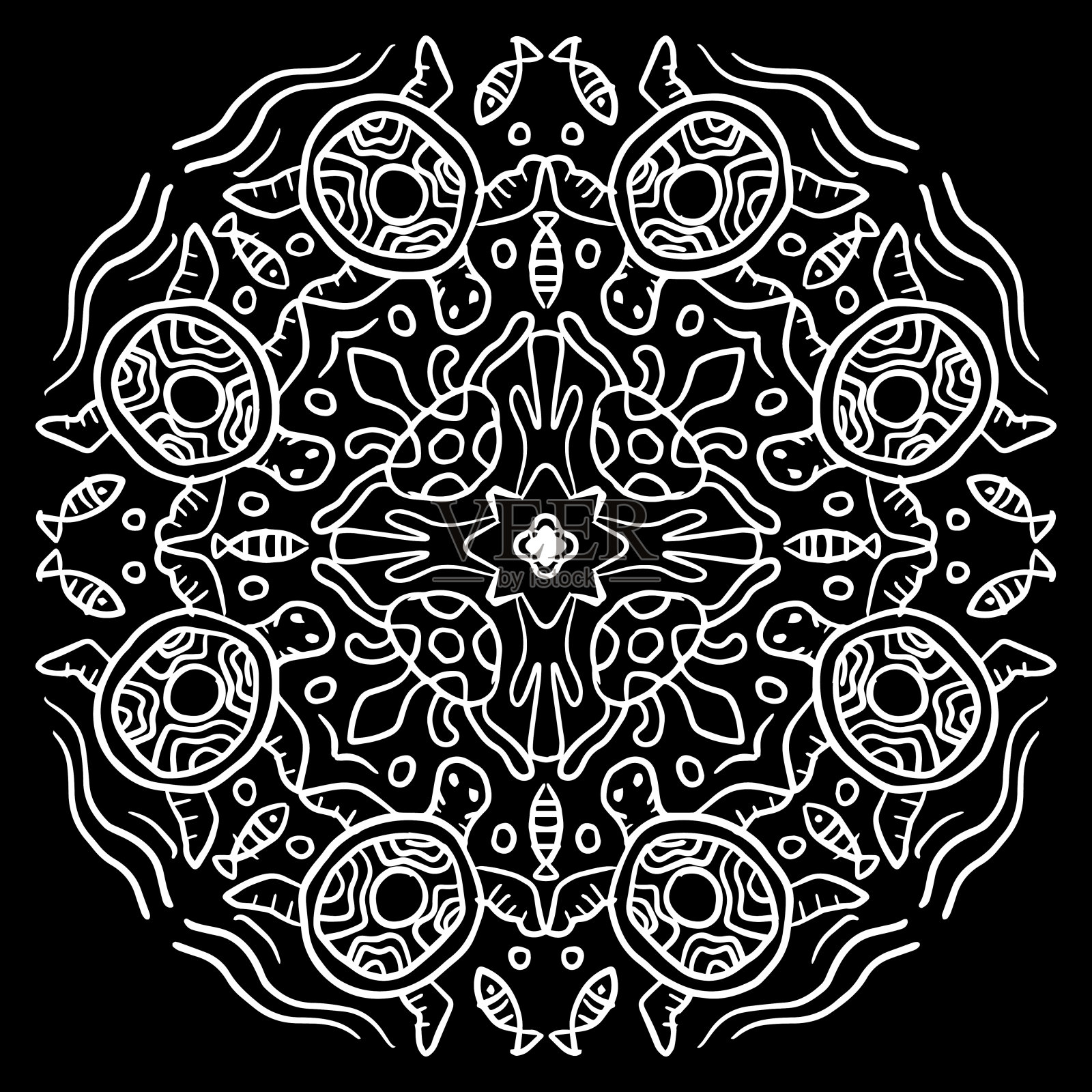 向量圆的曼陀罗与乌龟装饰图案。插画图片素材