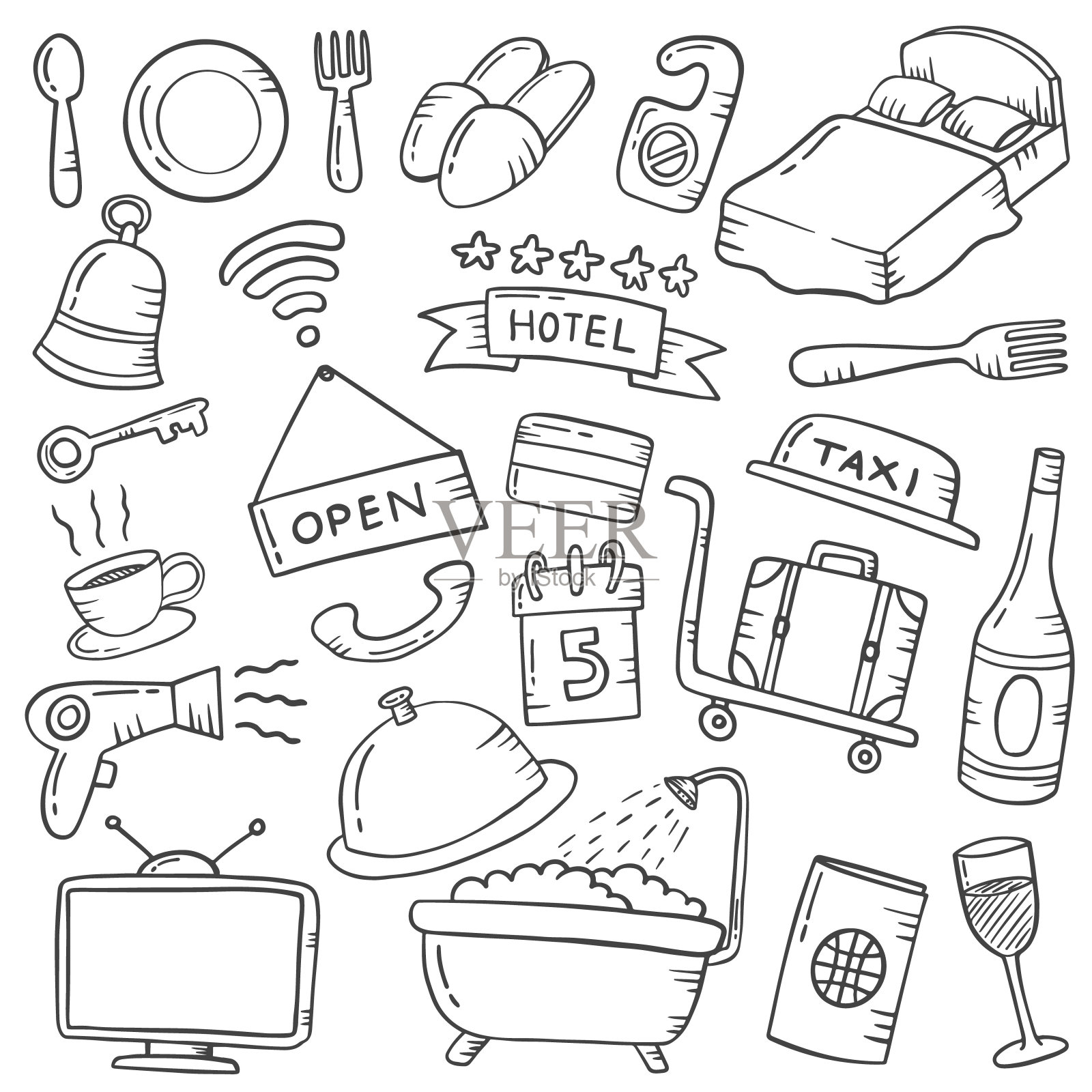 酒店概念涂鸦手绘集与轮廓黑色和白色风格图标素材