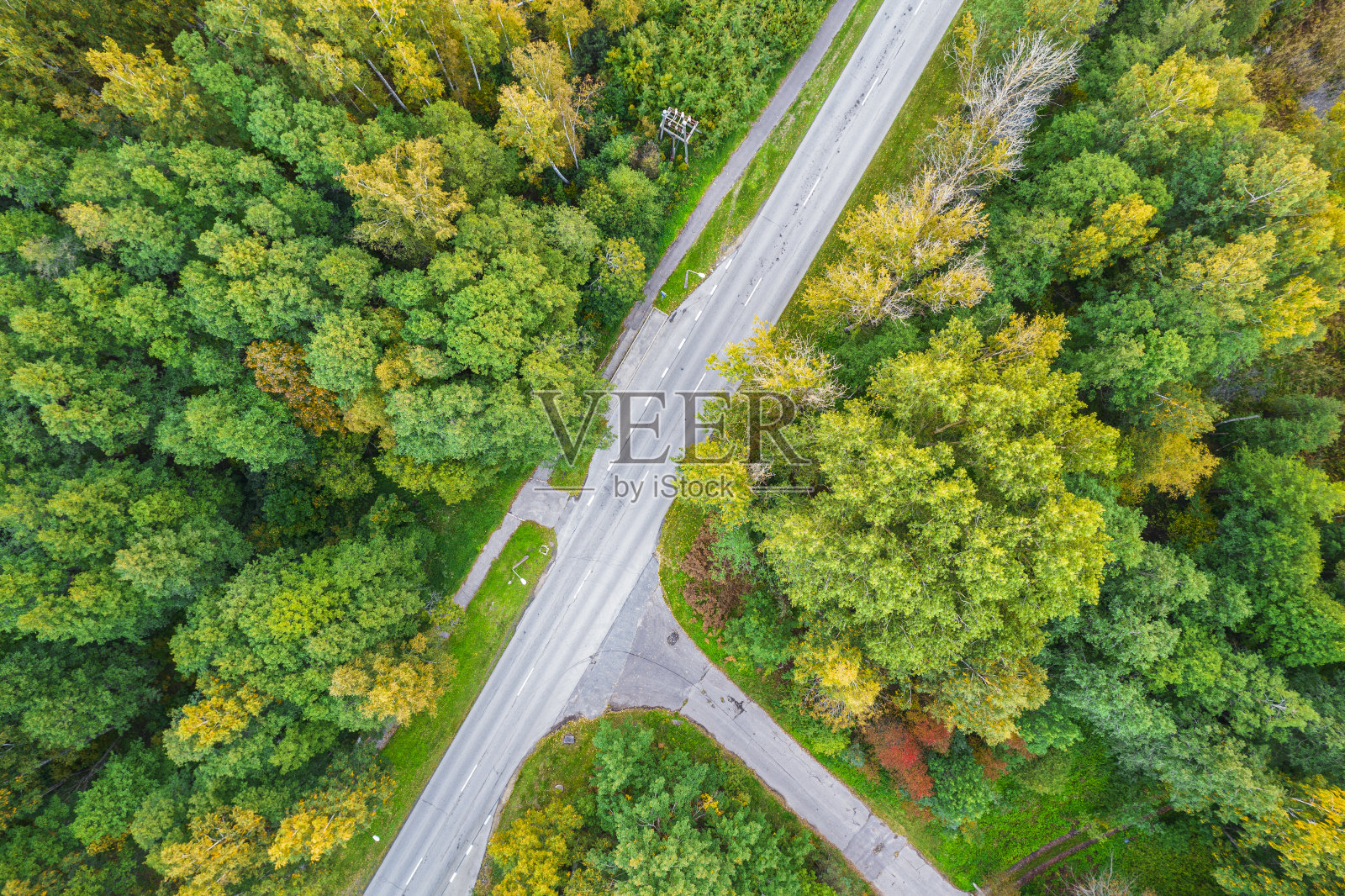 在秋天五颜六色的树木之间的十字路口的无人机视图照片摄影图片