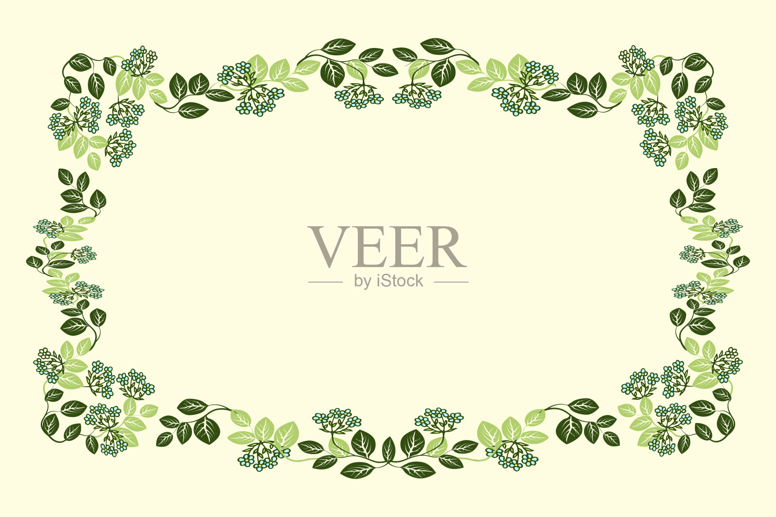 矢量弹簧矩形框架与无缝图案刷与自然元素树叶和小花朵聚集在一个刷子,一个精致的基础,一张卡片,邀请,旗帜。在柔和的颜色。插画图片素材