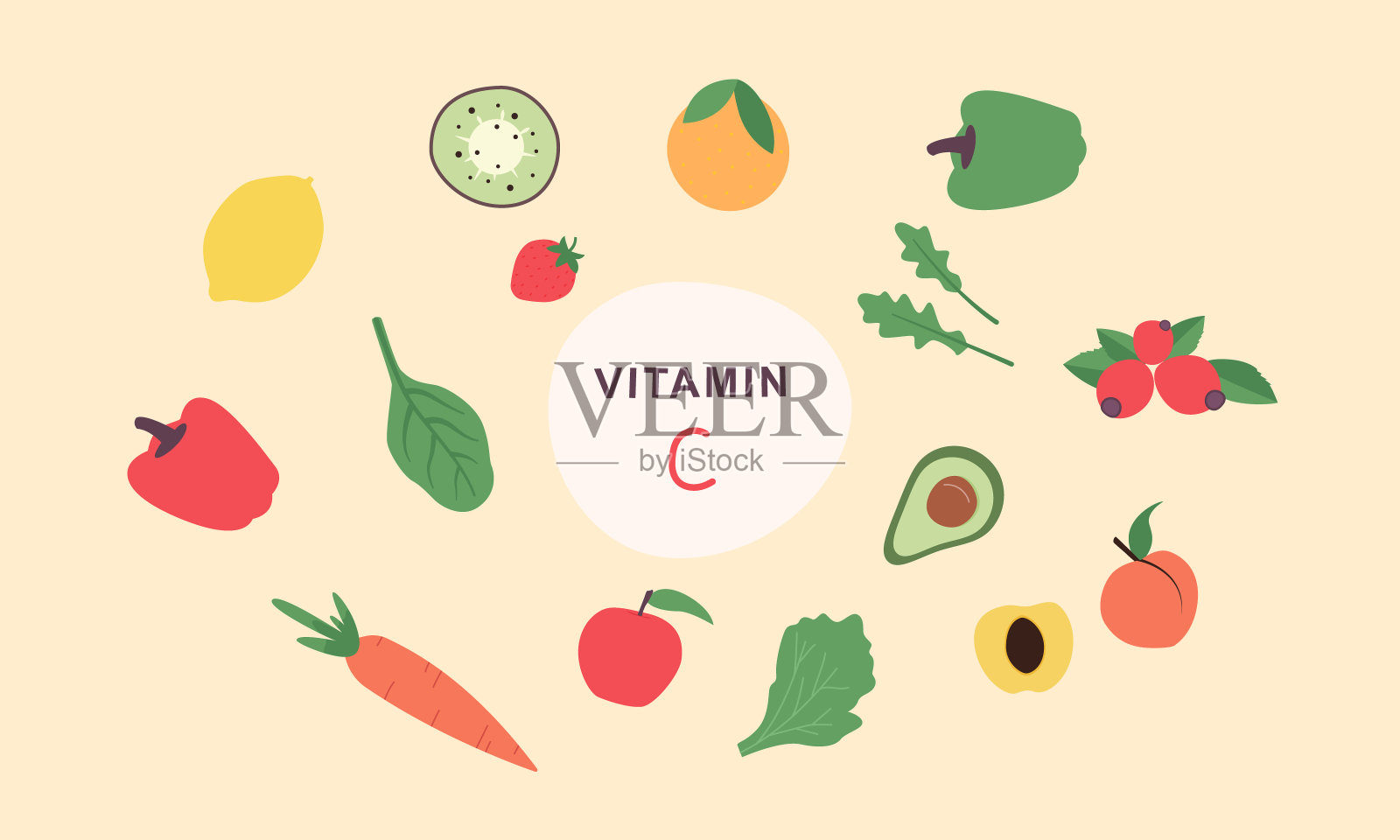 维生素C源代码。含有抗坏血酸的食物。柠檬,胡椒,猕猴桃,草莓,鳄梨,苹果,生菜。营养、有机食品。矢量插图卡通平面风格。插画图片素材
