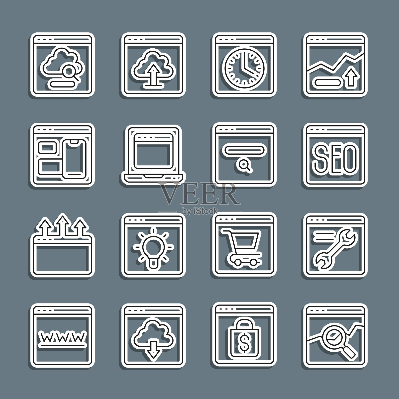 设置行网站有股票行情,浏览器设置,SEO优化,窗口,笔记本浏览器,开发者编程代码,云技术数据传输和搜索引擎图标。向量图标素材