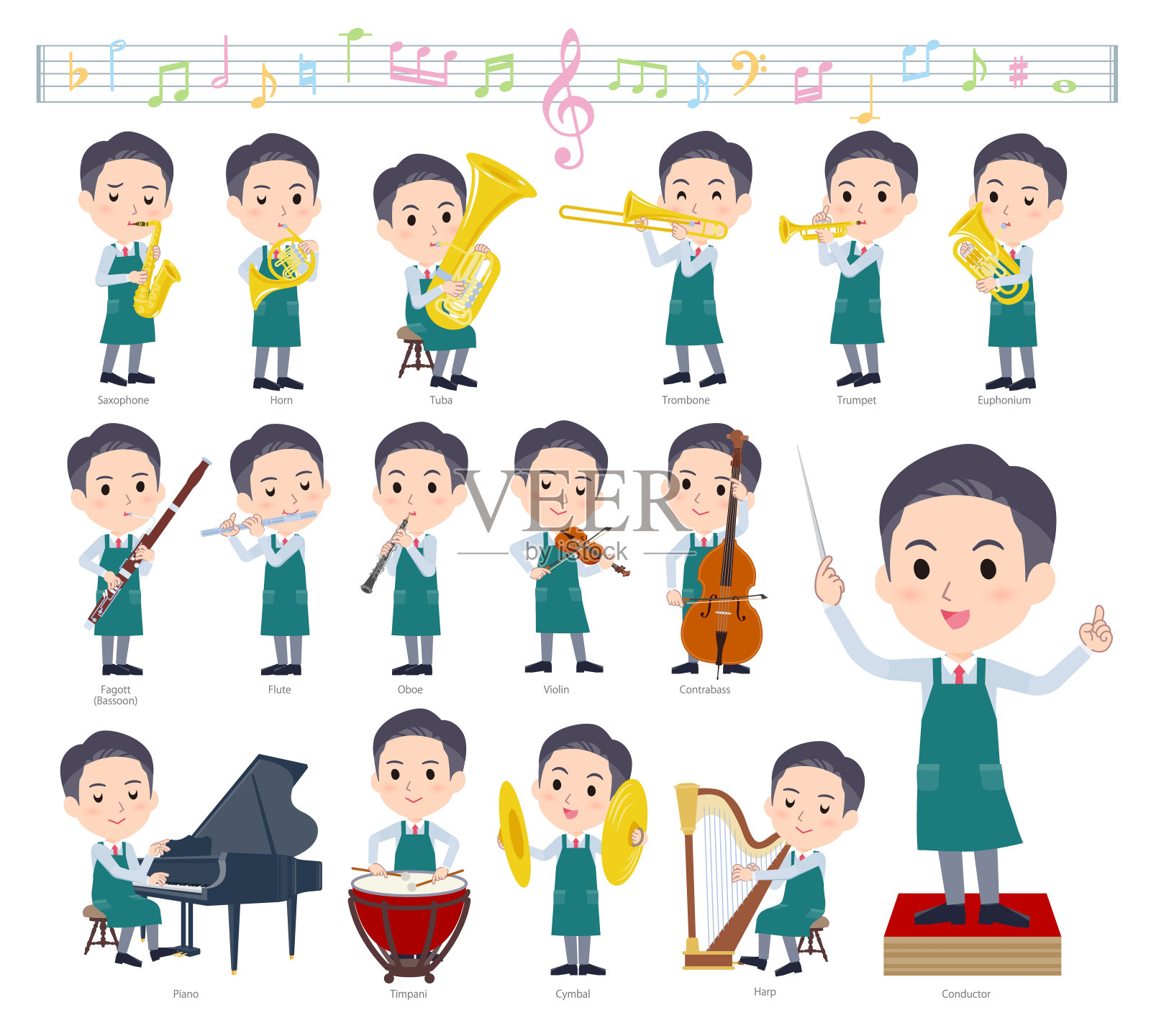 一组超市工作人员对古典音乐进行表演插画图片素材