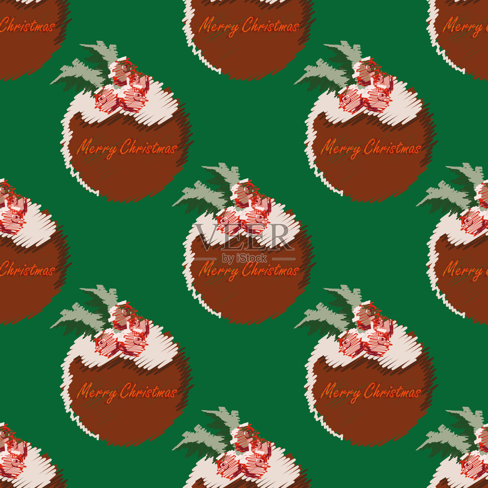 涂鸦风格的圣诞布丁无缝矢量图案背景。背景与传统的蛋糕,浆果,冬青叶和混合的季节问候文本。同样的做法也适用于冬季的节日宴会食品插画图片素材