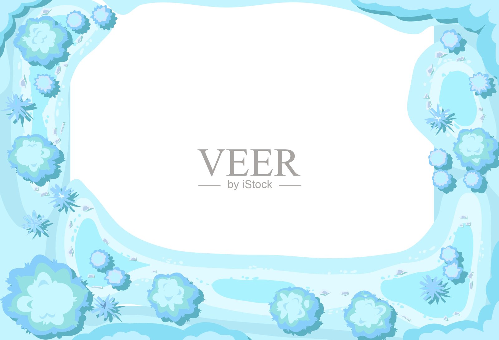 冬季景观俯视图。无形状的图像边缘的边框。寒冷季节多雪的霜冻自然。从高。飘的雪。插图在卡通风格孤立在白色背景。向量插画图片素材