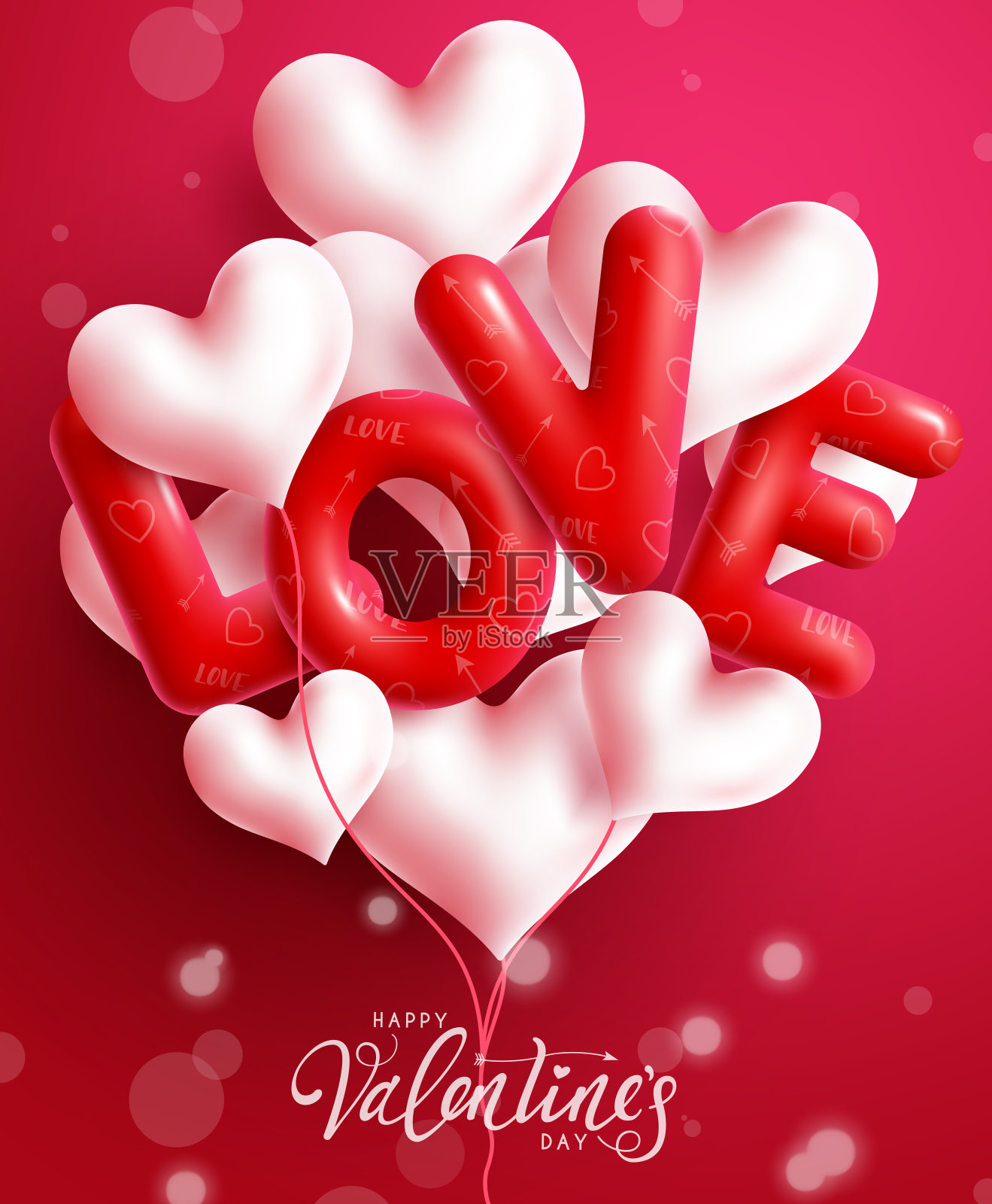 情人节爱气球矢量概念设计。爱的文字在气球装饰与浮动的心元素情人节浪漫的礼物和庆祝。插画图片素材