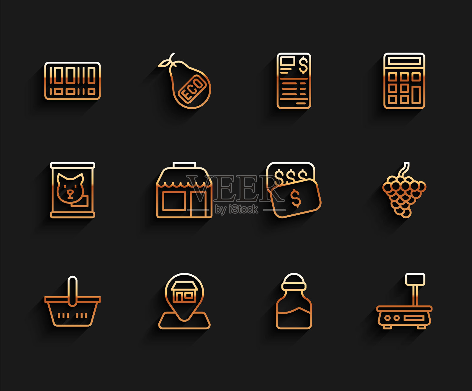 设置线购物篮,地点市场商店,条形码,香料罐,电子天平,葡萄水果和新的价格标签美元图标。向量图标素材