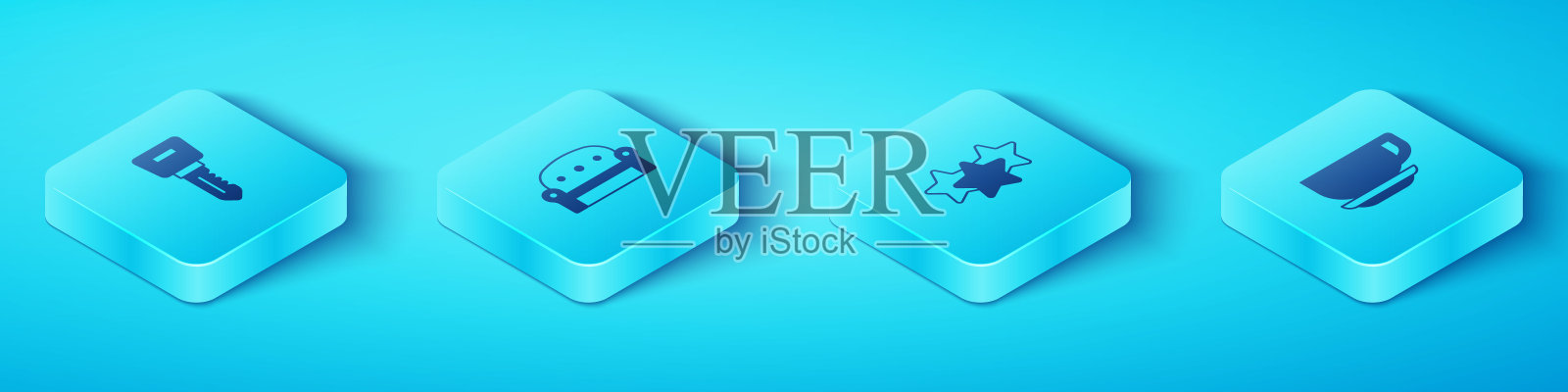 设置等距酒店门锁钥匙,沙发,咖啡杯和星级图标。向量图标素材