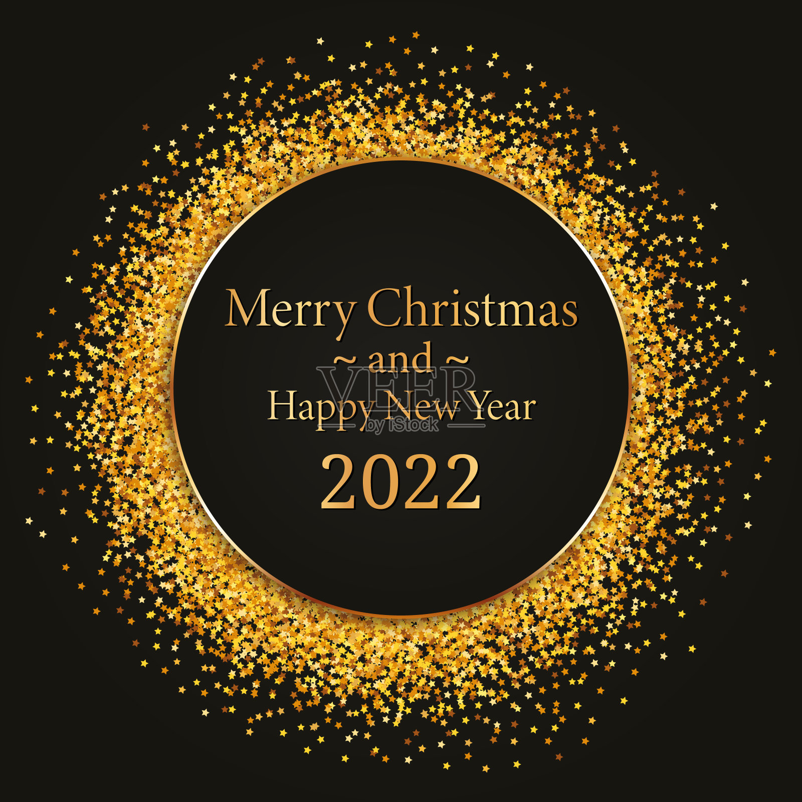 Merry Christmas and Happy New Year 2022 -圆形金色框架黑色背景上的旗帜插画图片素材