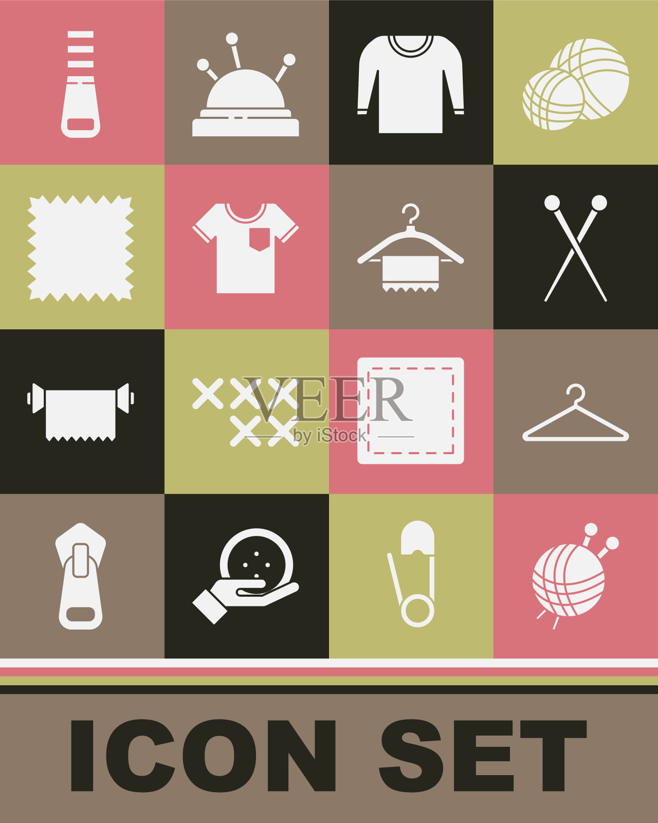 集纱线球针织针,衣架衣柜,编织,毛衣,t恤,皮革,拉链和图标。向量图标素材