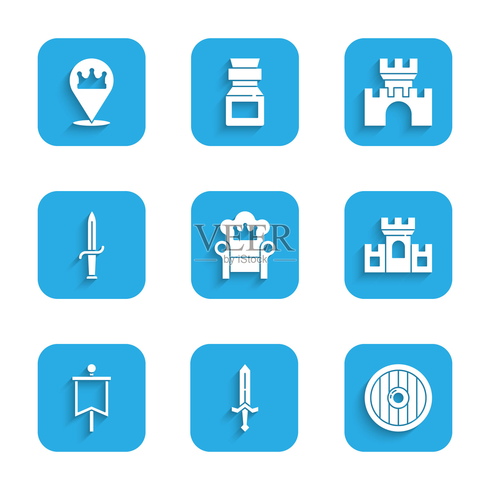 设置中世纪宝座,剑,圆形木盾,城堡,堡垒,旗帜,匕首,位置国王王冠图标。向量插画图片素材