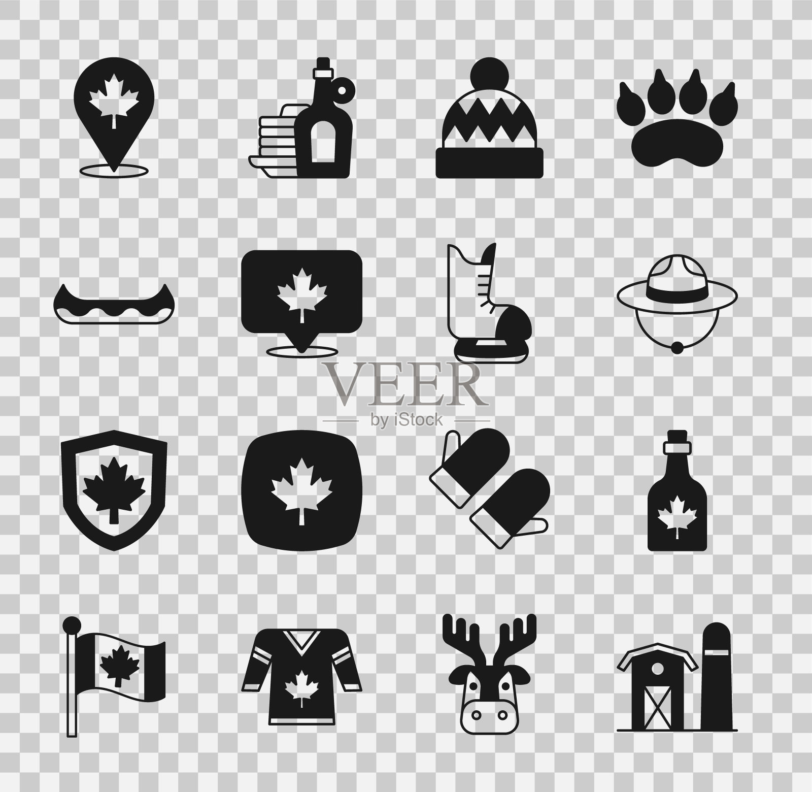 集农场房子,枫糖浆瓶,加拿大护林员帽子,豆豆,树叶,皮划艇,和溜冰鞋图标。向量图标素材