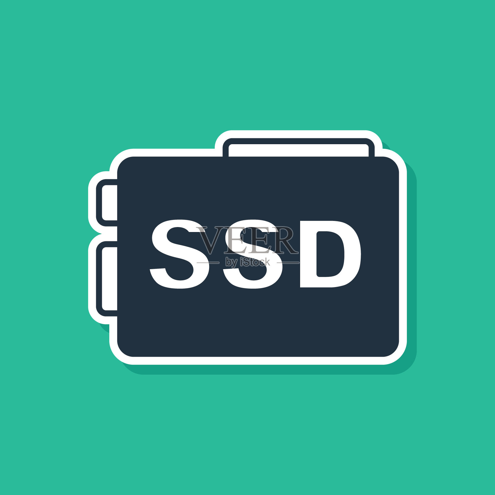 蓝色SSD卡图标隔离在绿色背景。固态驱动标志。存储磁盘的象征。向量插画图片素材
