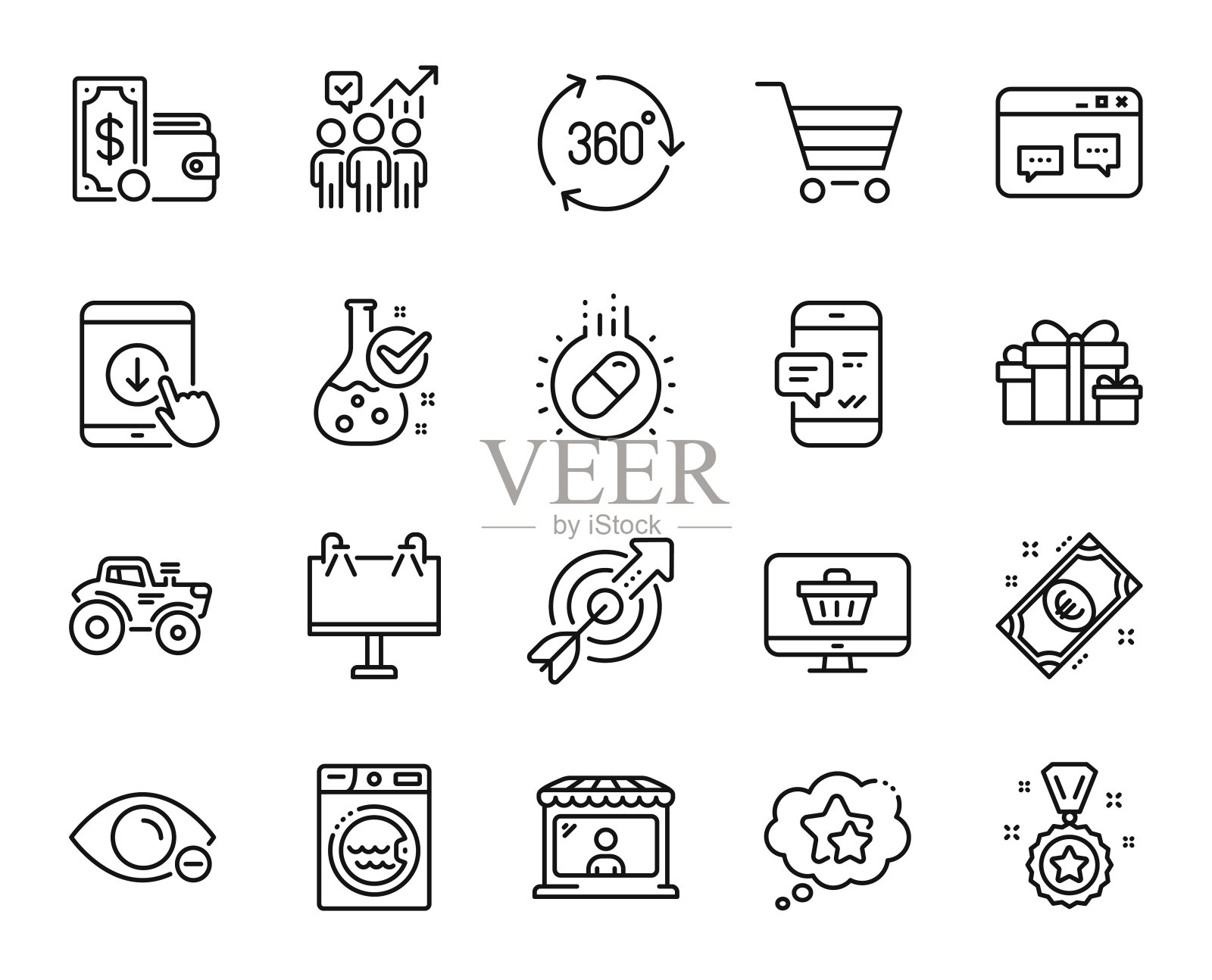 向量集钱包钱,市场卖家和商业统计线图标集。向量图标素材