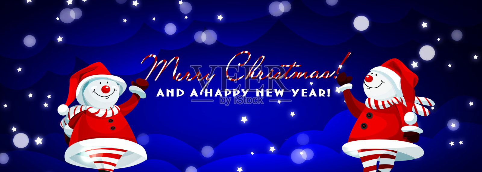 新年快乐,圣诞快乐!卡通圣诞雪人与节日彩色背景创意贺卡插画图片素材