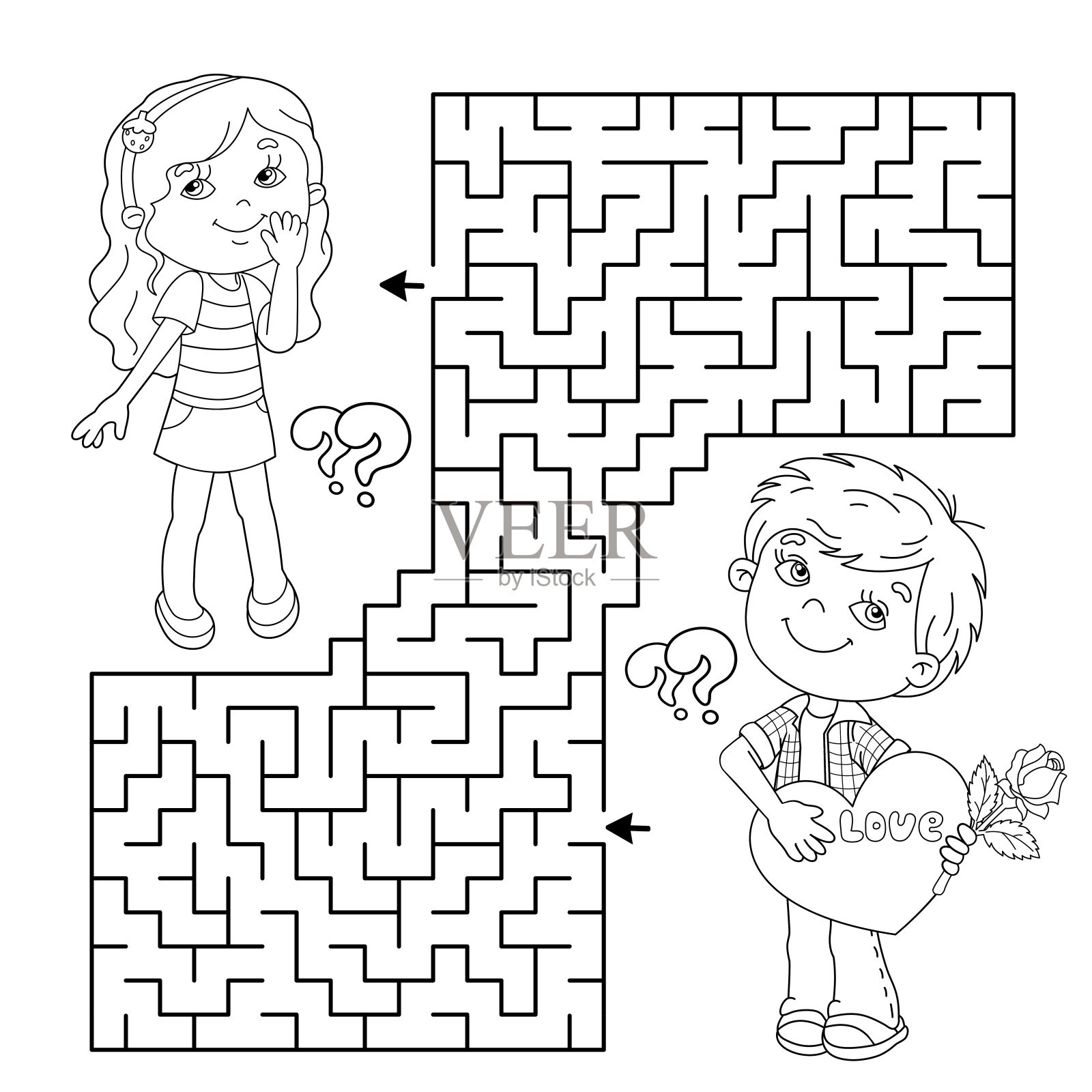 迷宫或迷宫游戏。谜题。彩色页轮廓卡通男孩的心和可爱的女孩。情人节。儿童涂色本。插画图片素材